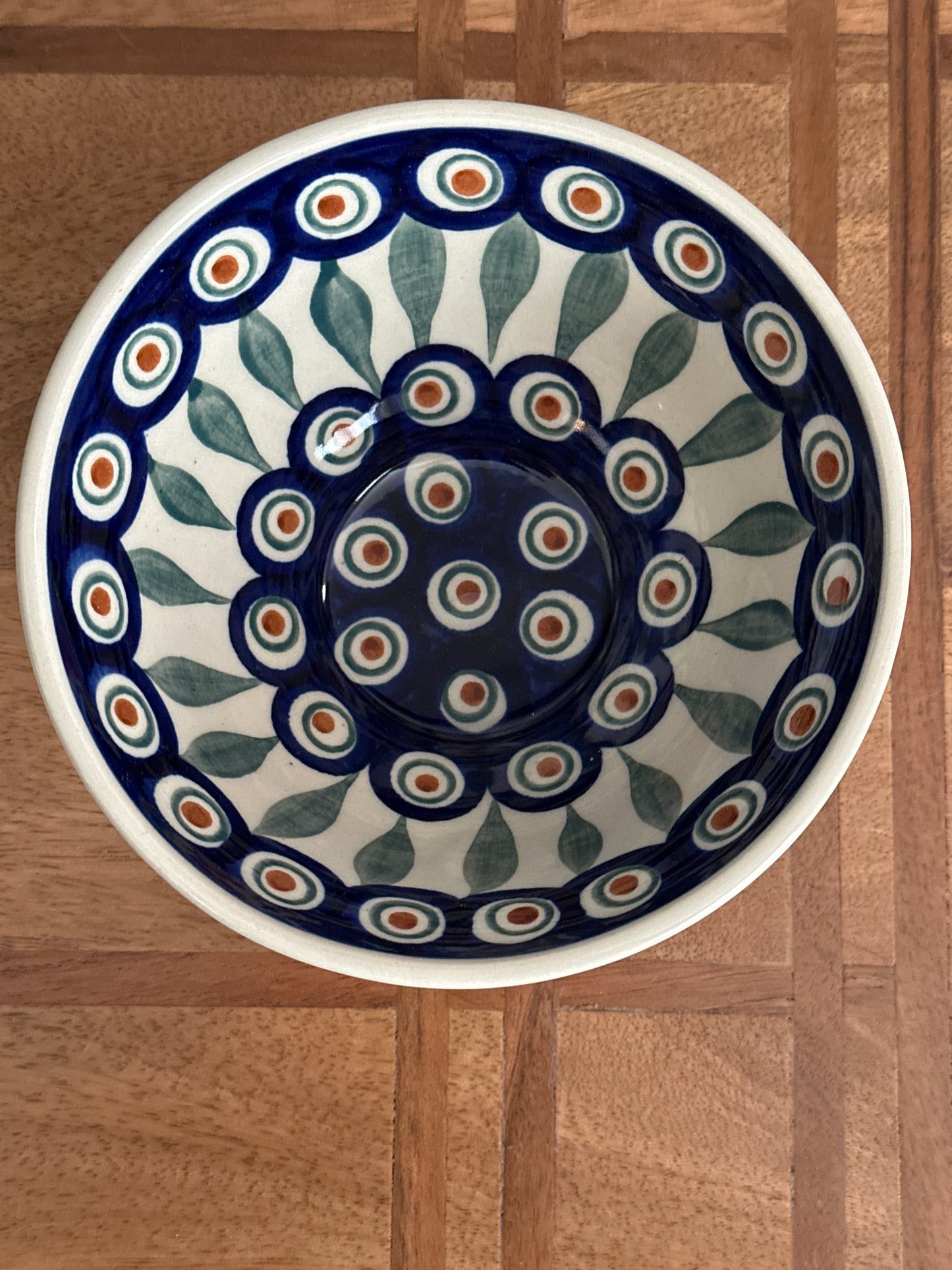 Manufaktura Polish Pottery, Traditional Peacock Leaves, Preowned, Ribbed, Ice Cream Bowl