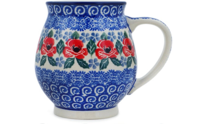 Ceramika Artystyczna Polish Pottery, Red Poppies On Blue, Bubble Mug