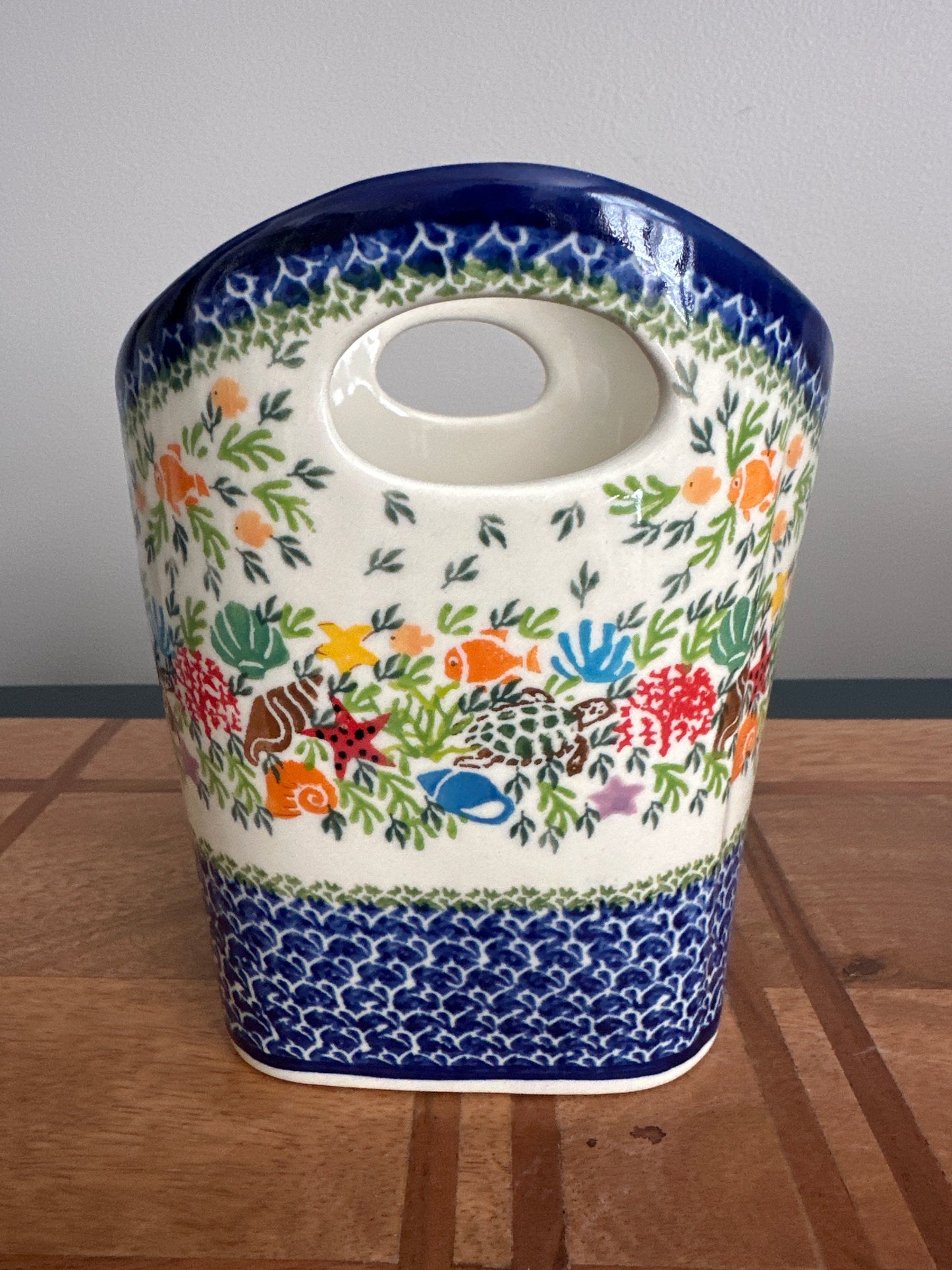 Kalich Polish Pottery, Basket/ Utensil Holder with Handles, Sea Life