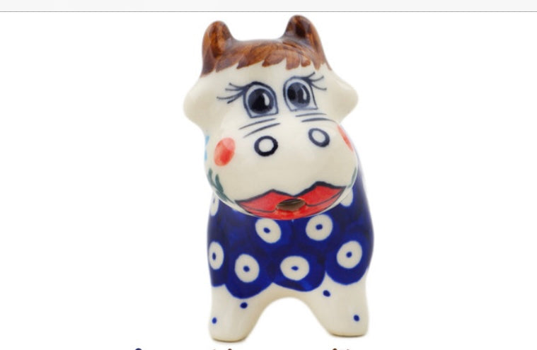 Dalia Polish Pottery, Lovely Blue Eyes, Cow Shaped Creamer, 2.3 oz