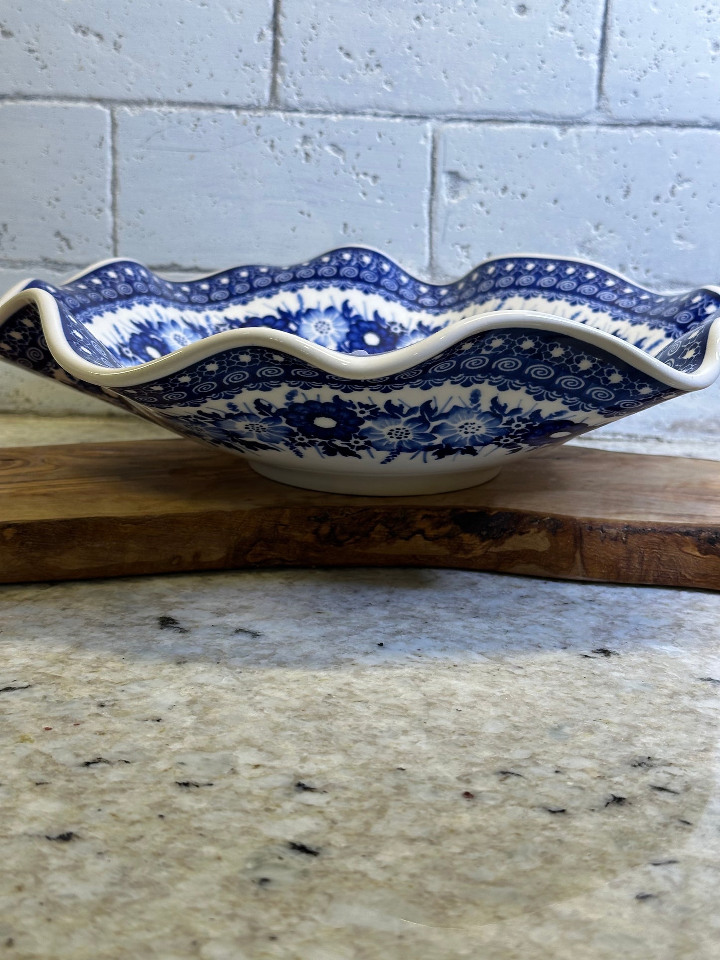 Kaola Polish Pottery, Signature Unikat, Cobalt Meadow, 11" Wavy Shallow Bowl