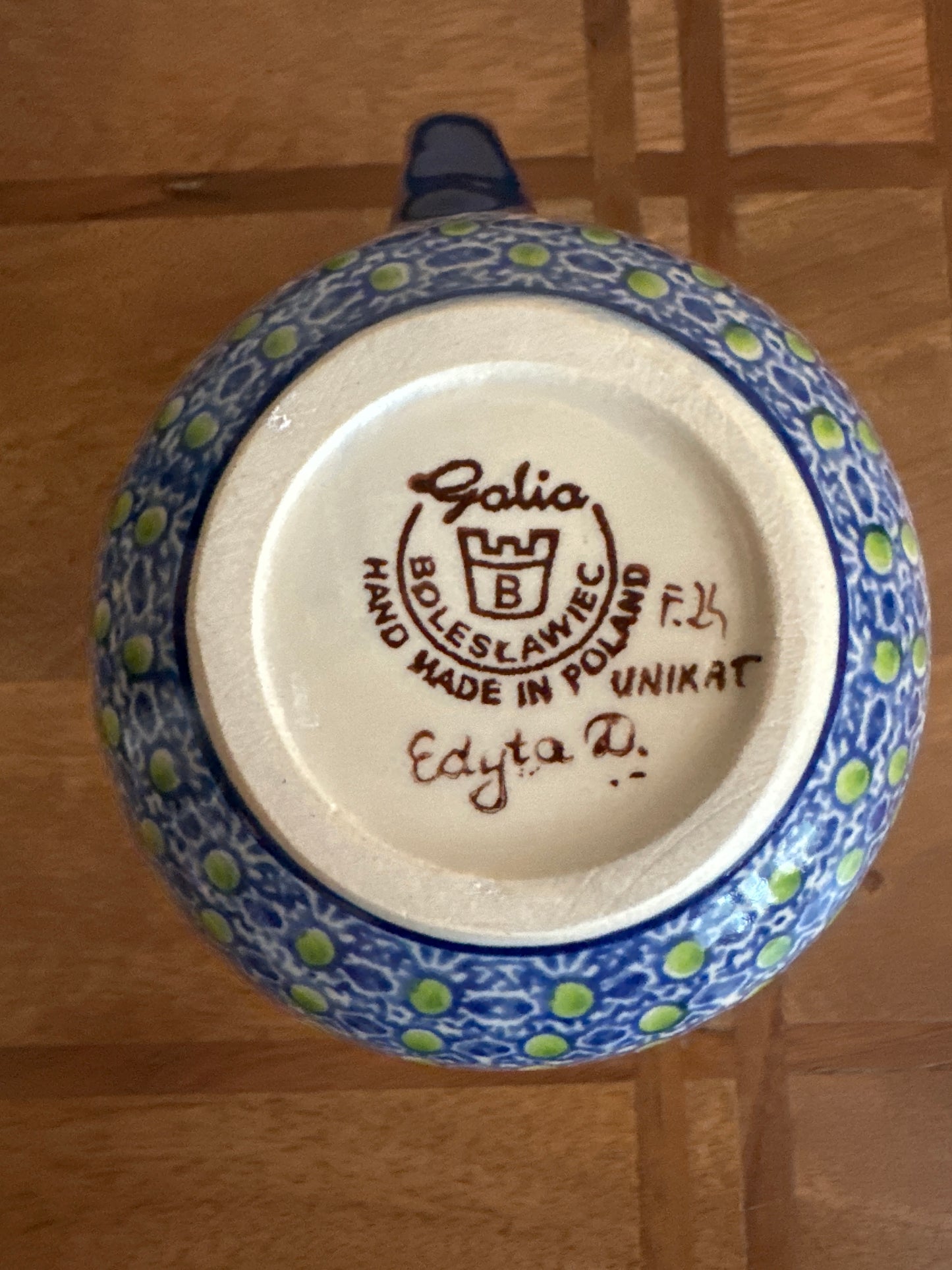 Galia Polish Pottery Blue Chickens 16 oz Bubble Mug