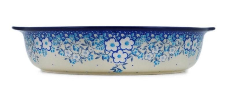 Ceramika Artystyczna Polish Pottery, Unikat Floral Animation, Round Baker with Handles