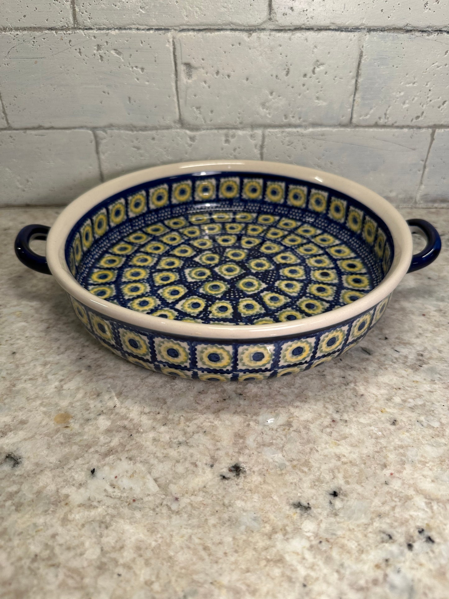 Manufaktura Polish Pottery, Blue, Yellow, & Green, Handled Baker, Preowned
