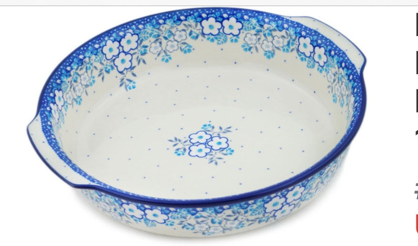 Ceramika Artystyczna Polish Pottery, Unikat Floral Animation, Round Baker with Handles