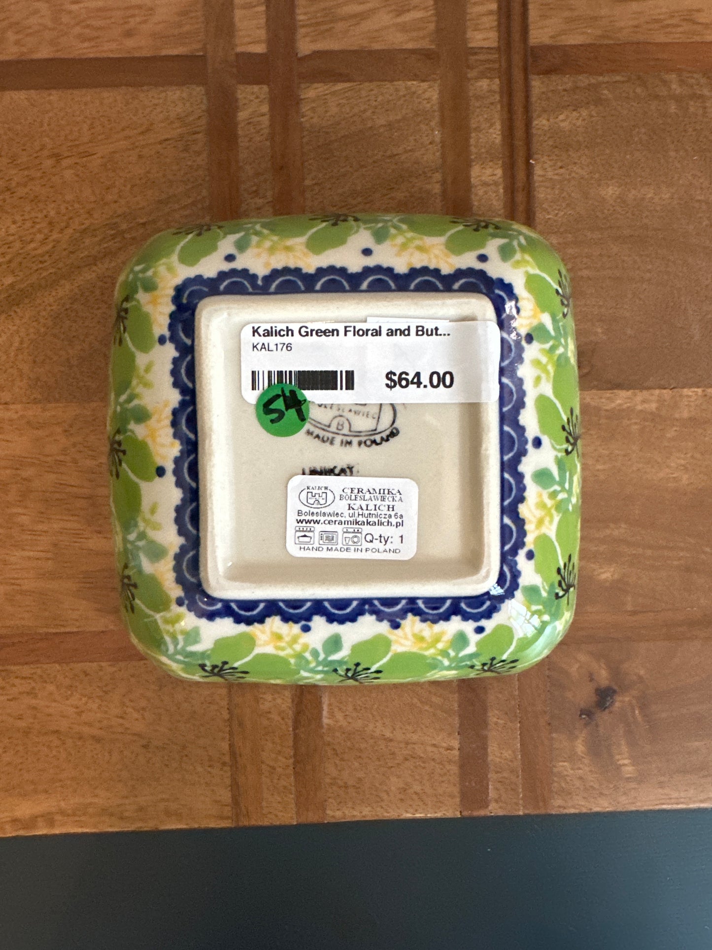 Kalich Polish Pottery Green Floral and Butterfly Square Bowl