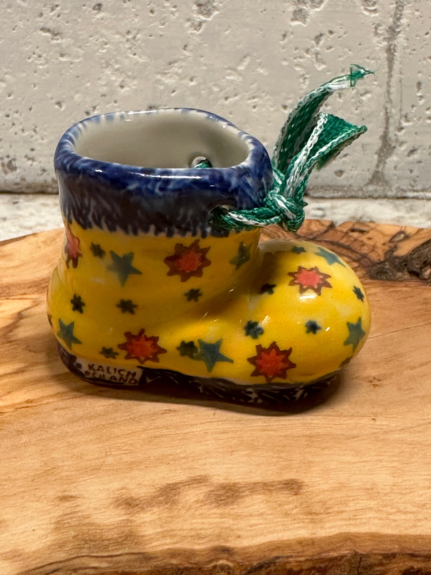Kalich Polish Pottery, Yellow with Red Stars Boot Ornament