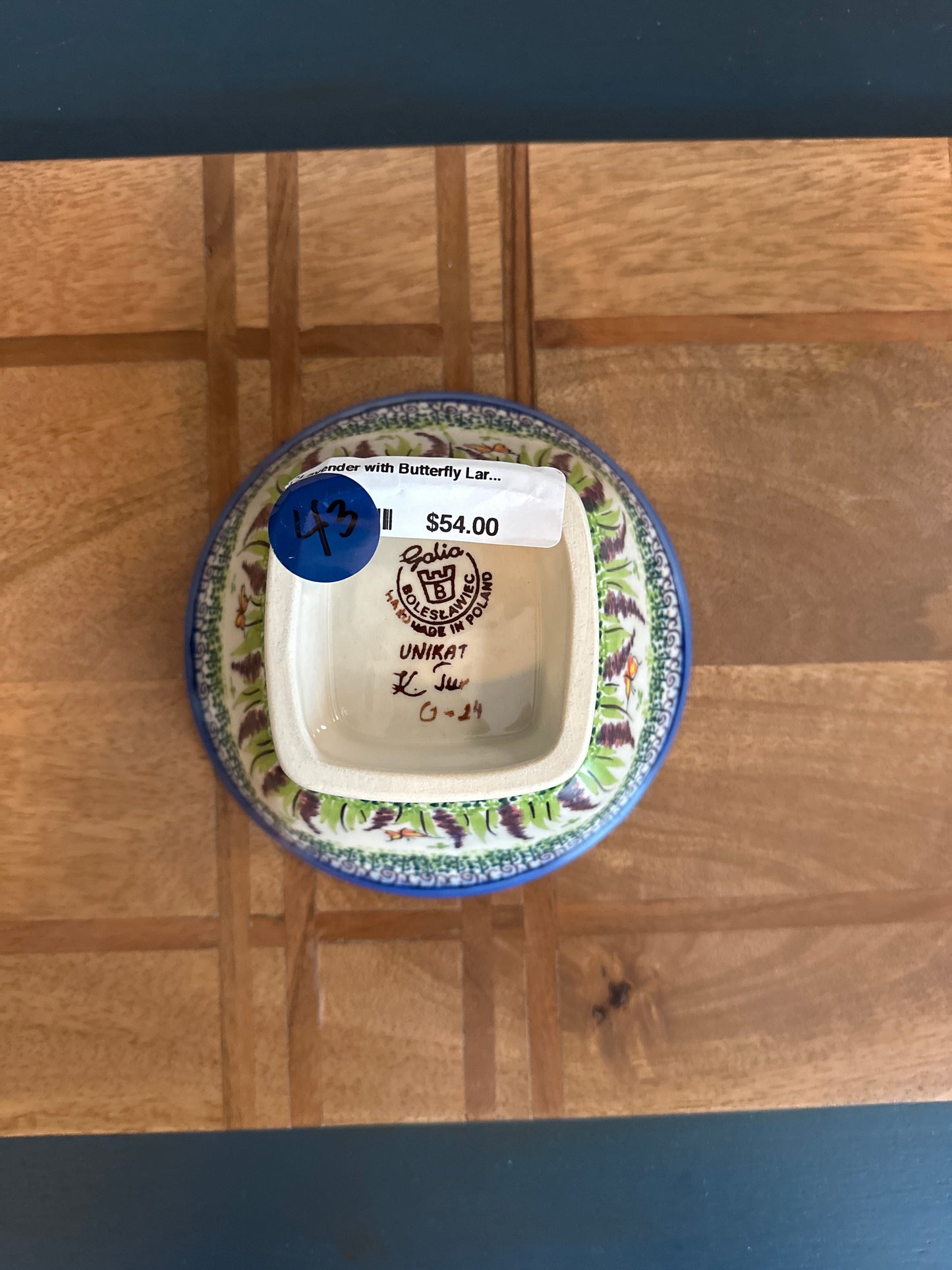Galia Polish Pottery Lavender with Butterfly Large Pedestal Bowl
