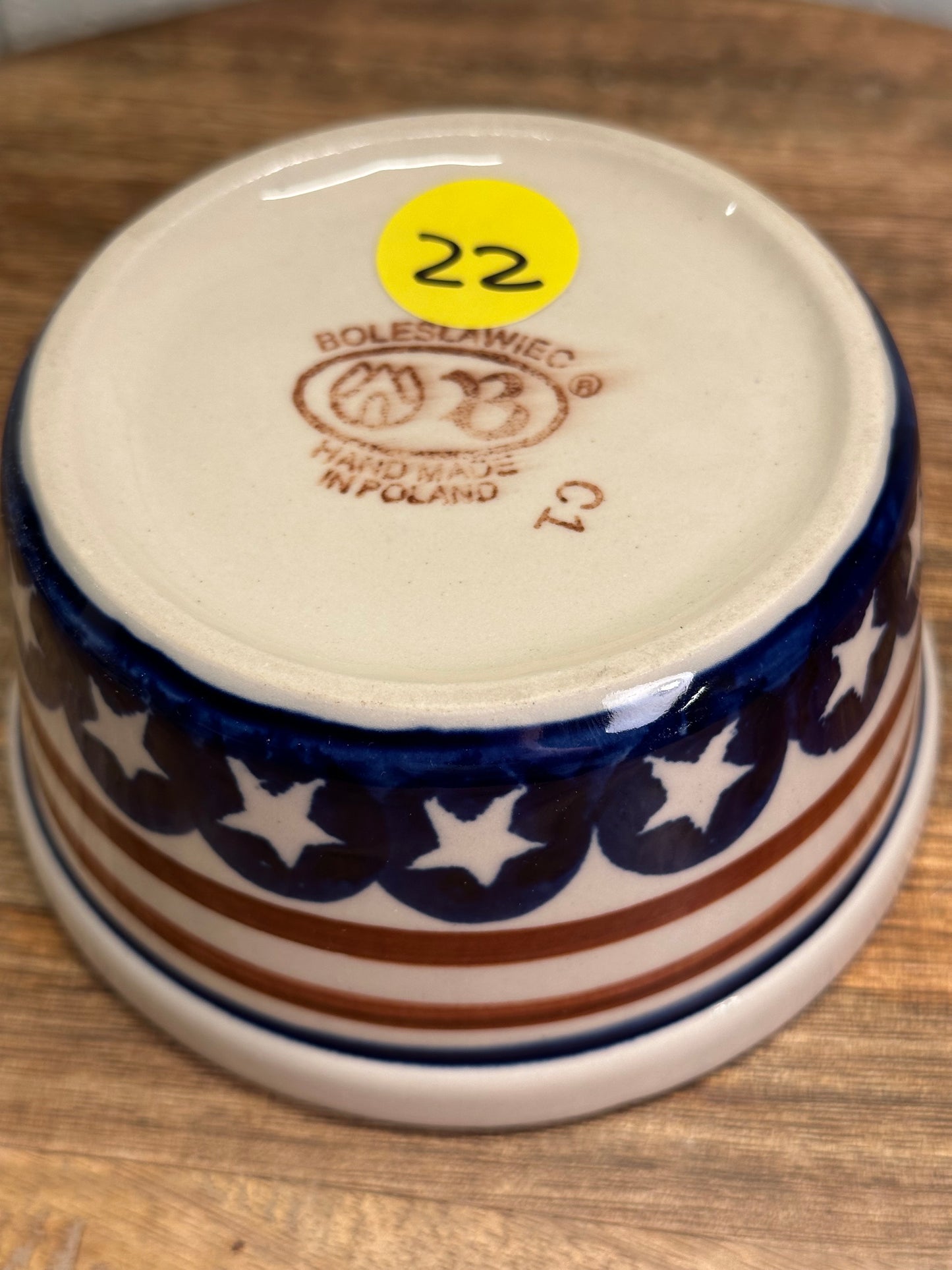 Zaklady Polish Pottery, Red Stripes, White Stars, & Blue Straight Ribbed Bowl, Preowned