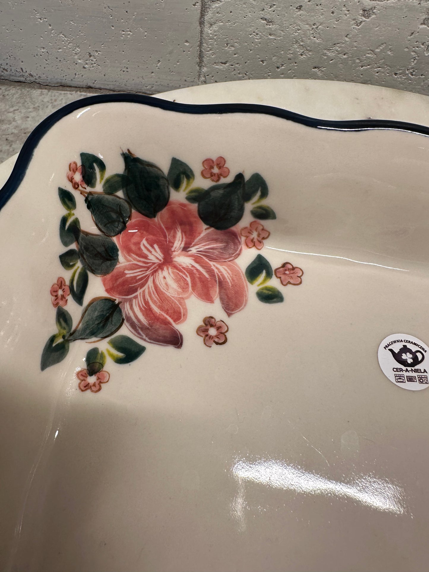 CER-A-NIELA Polish Pottery, Signature Pink Floral, Rectangular Wavy Baker, Preowned