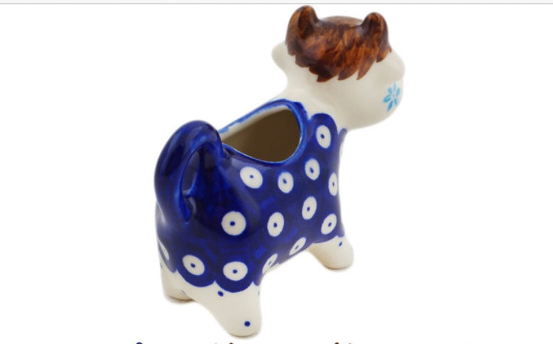 Dalia Polish Pottery, Lovely Blue Eyes, Cow Shaped Creamer, 2.3 oz