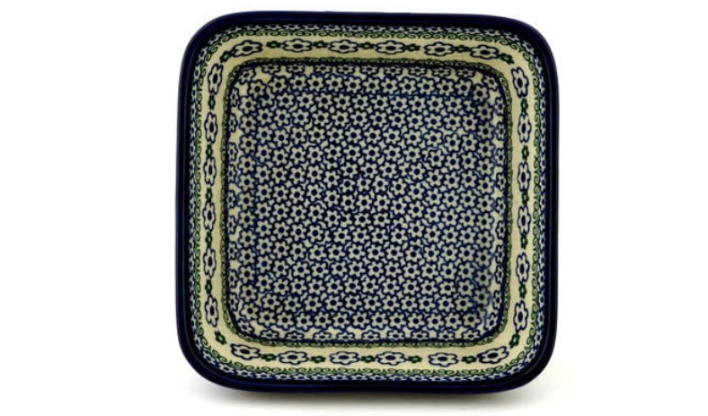 Ceramika Artystyczna Polish Pottery, White Daisy Dots, Square Bowl 8"