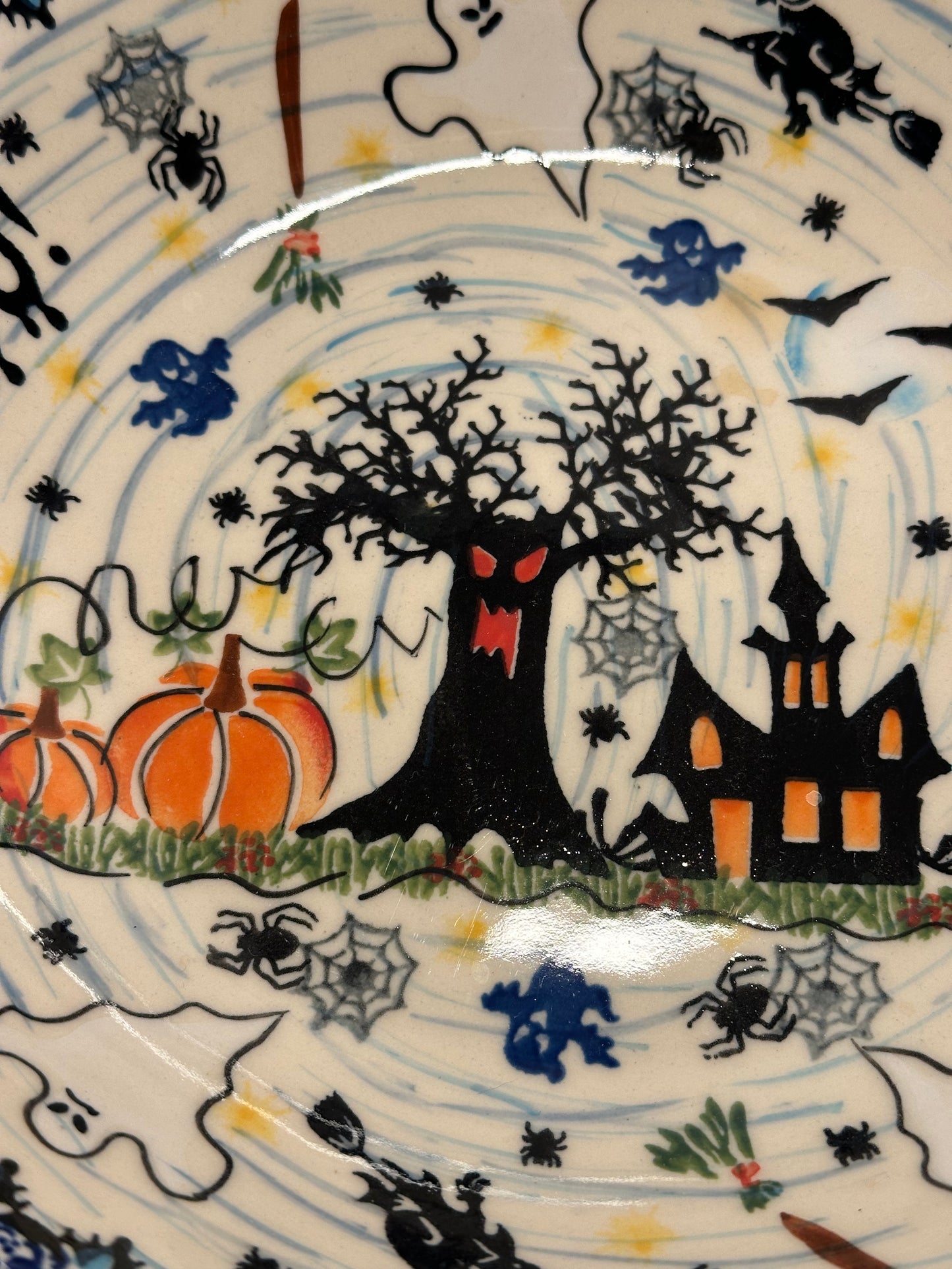 Kalich Polish Pottery, Unikat Halloween, Witches, Ghosts, Haunted House Handled Bowl/Server