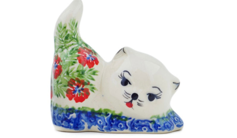 Ceramika Bona Polish Pottery, Midsummer Bloom, Cat Figurine