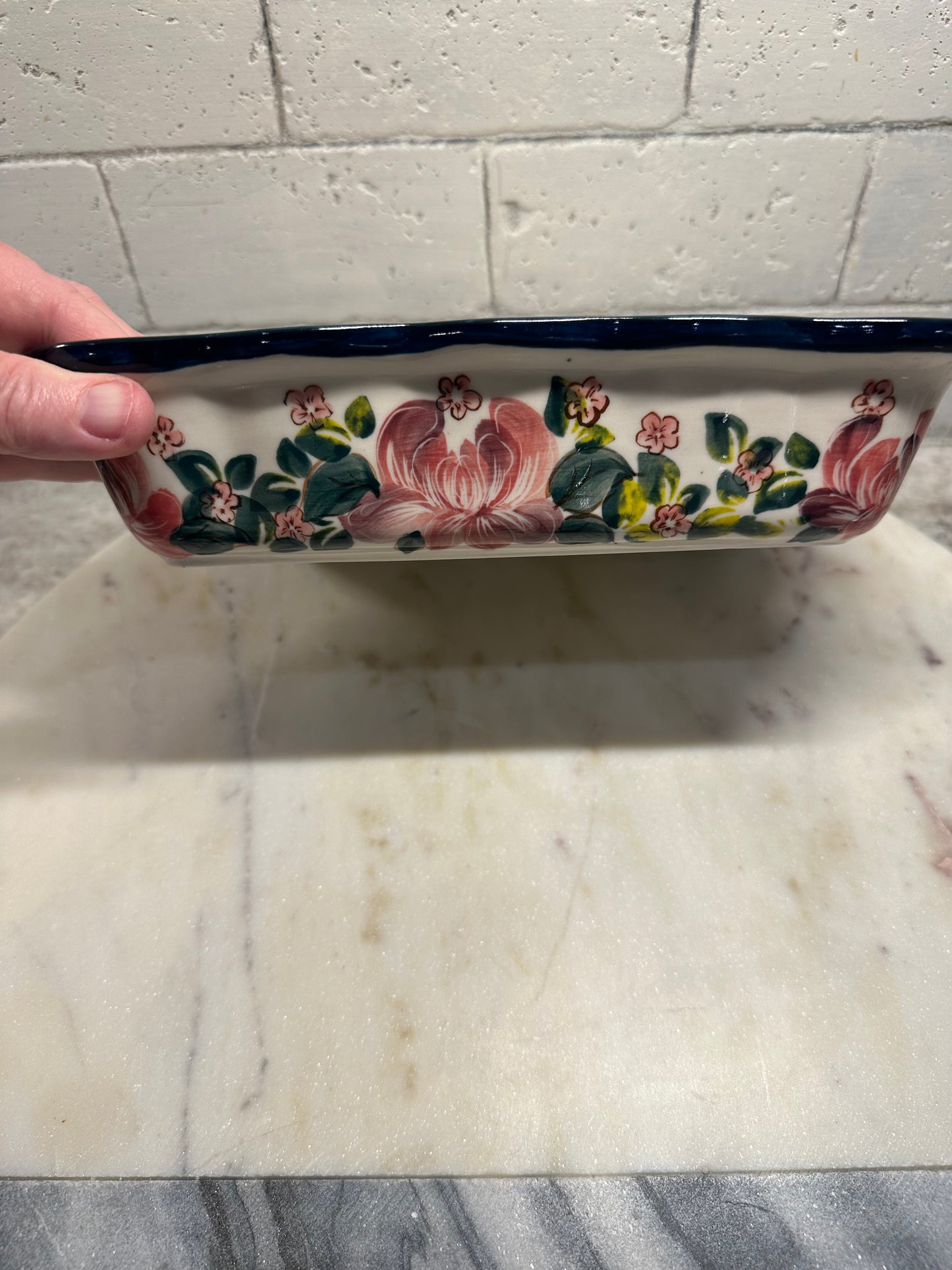 CER-A-NIELA Polish Pottery, Signature Pink Floral, Rectangular Wavy Baker, Preowned