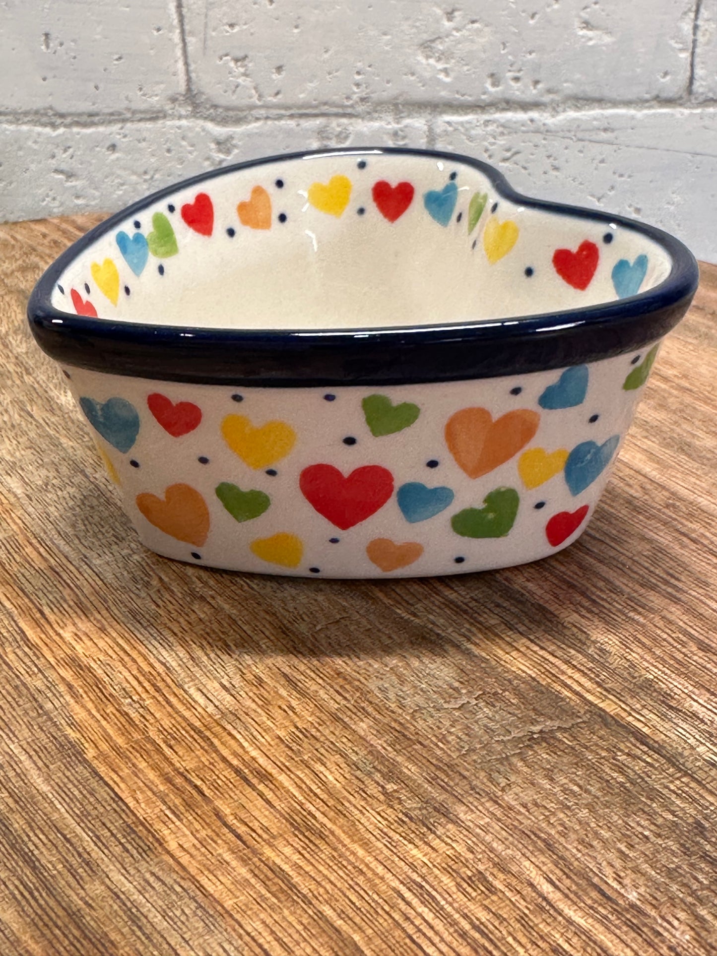 Ceramika Artystyczna Polish Pottery, Unikat 4833, Colored Hearts, Heart Shaped Bowl
