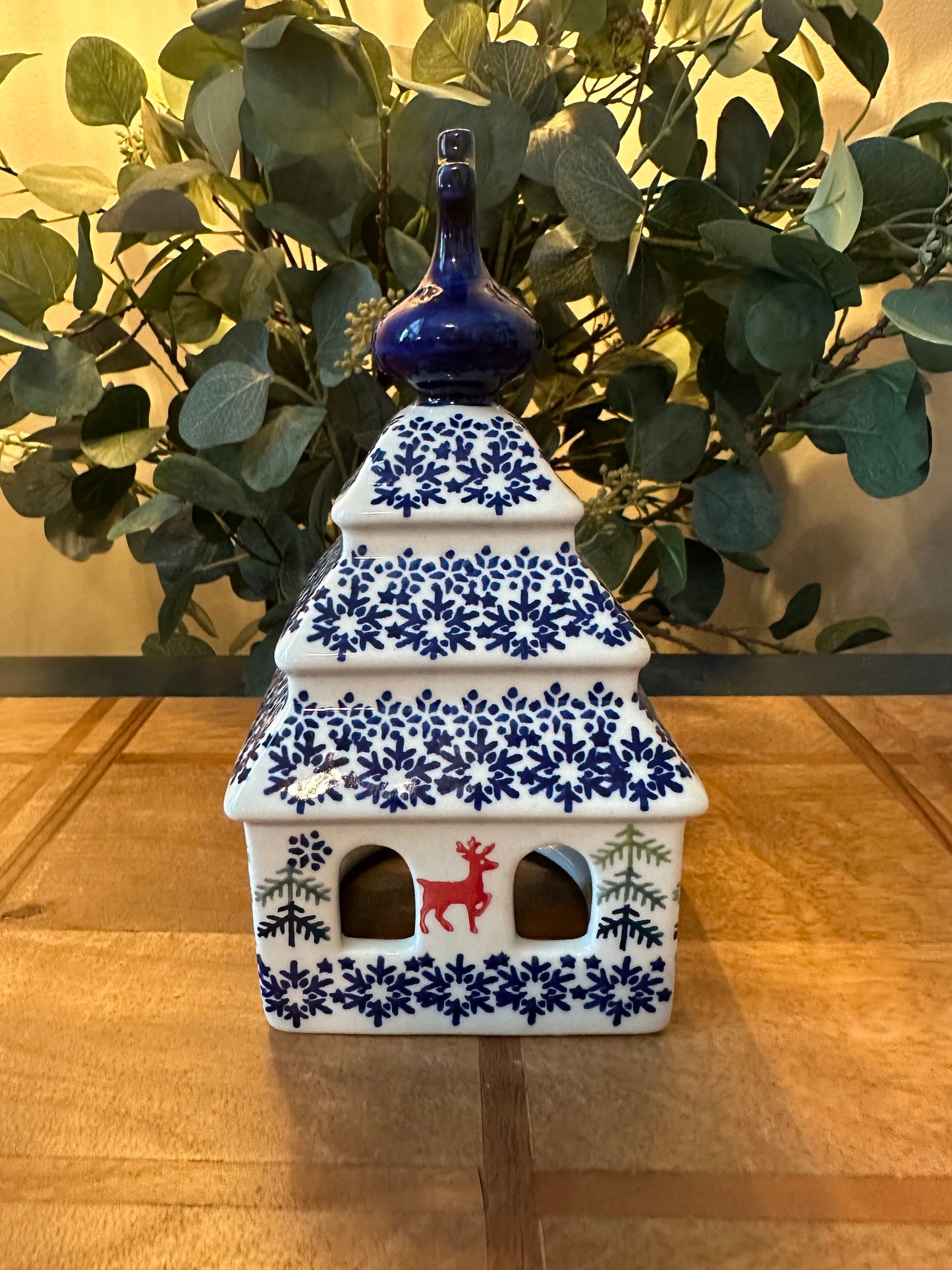 Manufaktura Polish Pottery, Church Luminary, Reindeer Snow & Trees
