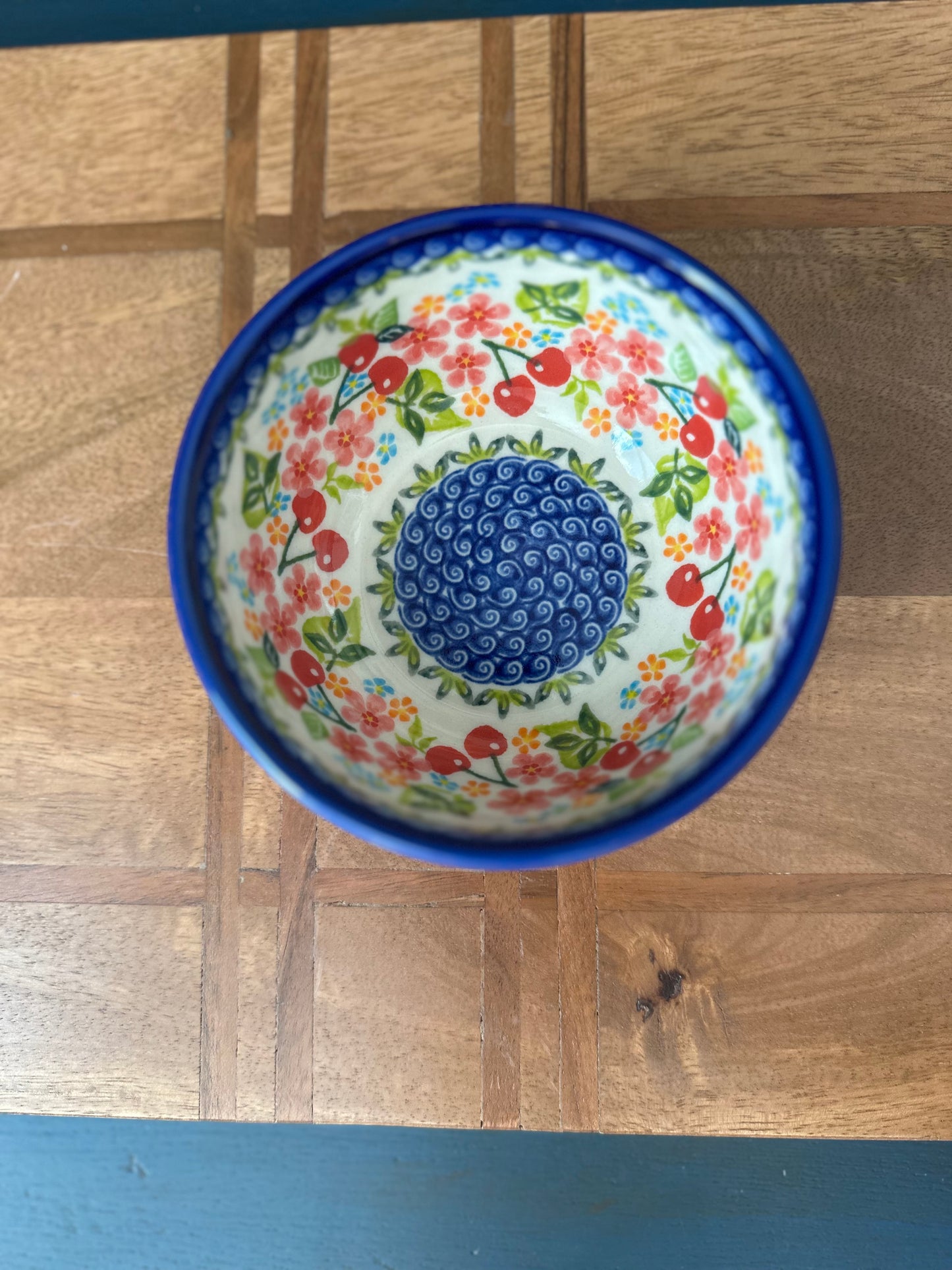Kalich Polish Pottery, Unikat Art Level, Cherries & Blossoms, 5.25" Bowl