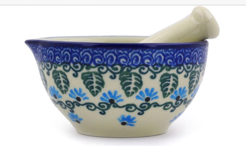Ceramika Artystyczna Polish Pottery, Unikat Forget Me Not, Small Mortar and Pestle