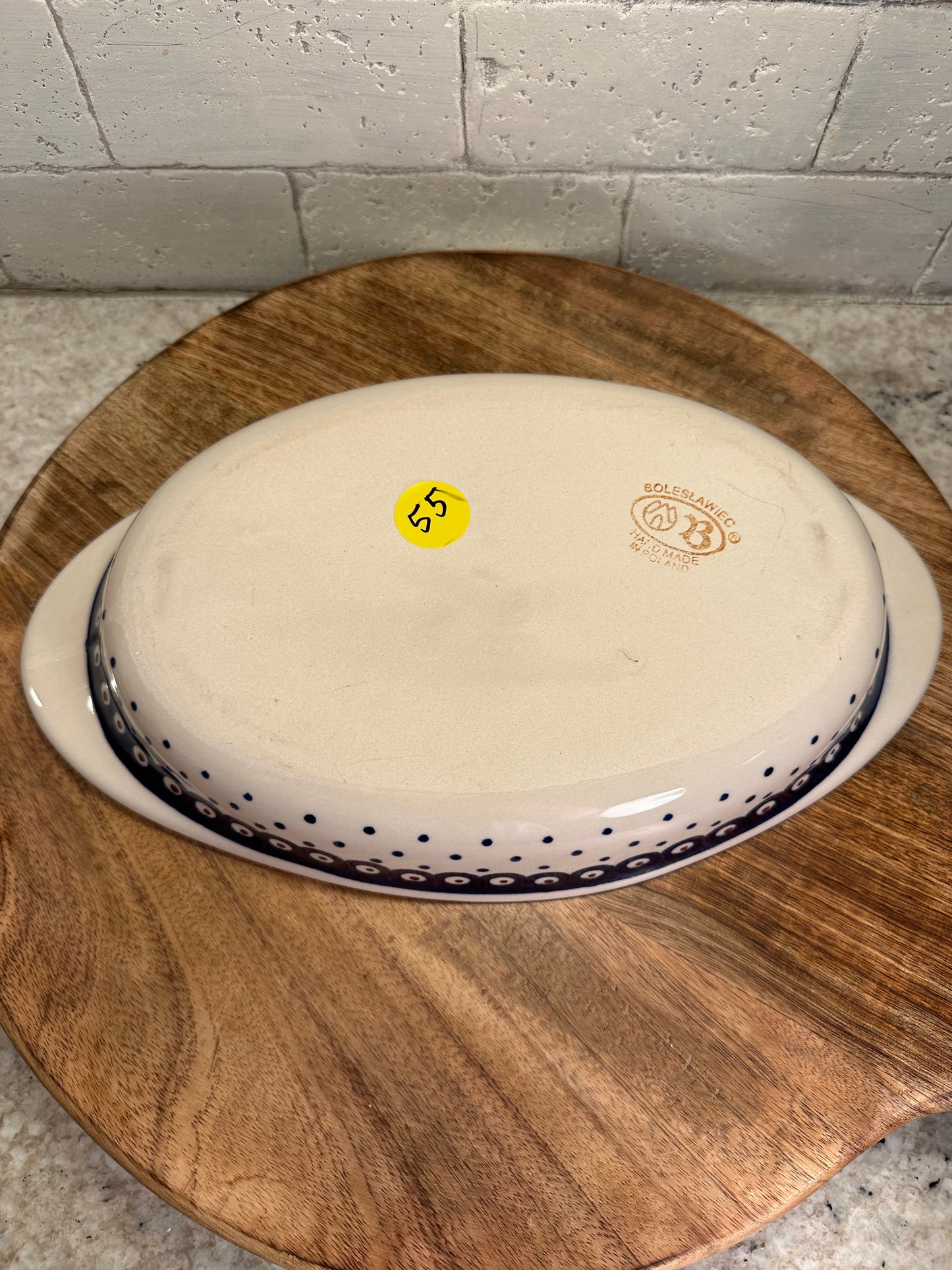 Zaklady Polish Pottery, Traditional Blue Dot, Oval Baker, Preowned