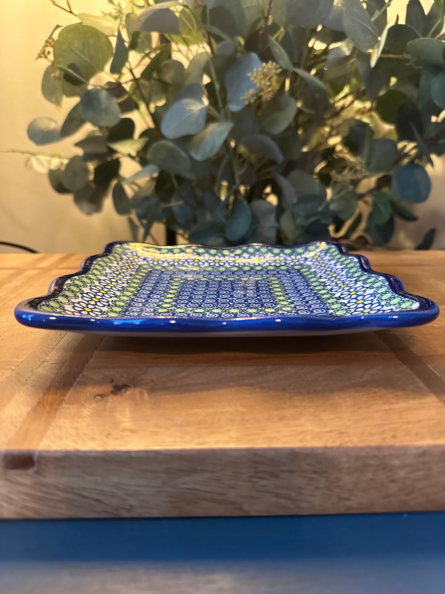Kalich Polish Pottery, Art Level Blue, Green, Daisy Square Ruffle Cookie Plate