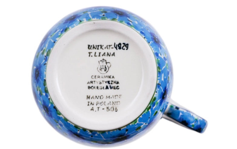 Ceramika Artystyczna Polish Pottery, Unikat Blue Bachelor Buttons, Loop Soup Mug/Bowl