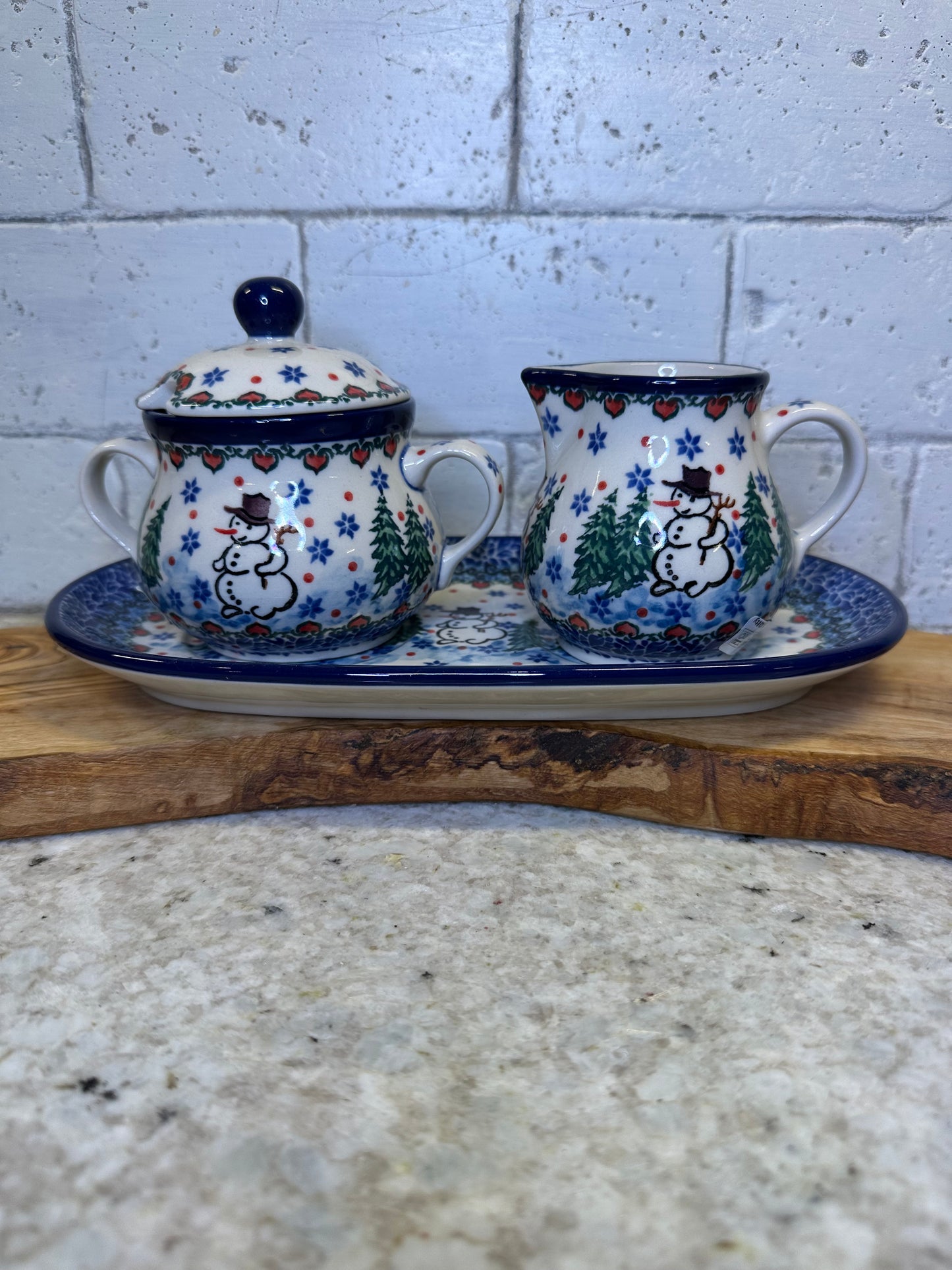 Ceramika Artystyczna Polish Pottery,Unikat 4661, Dancing Snowman Sugar & Creamer w/Plate Set