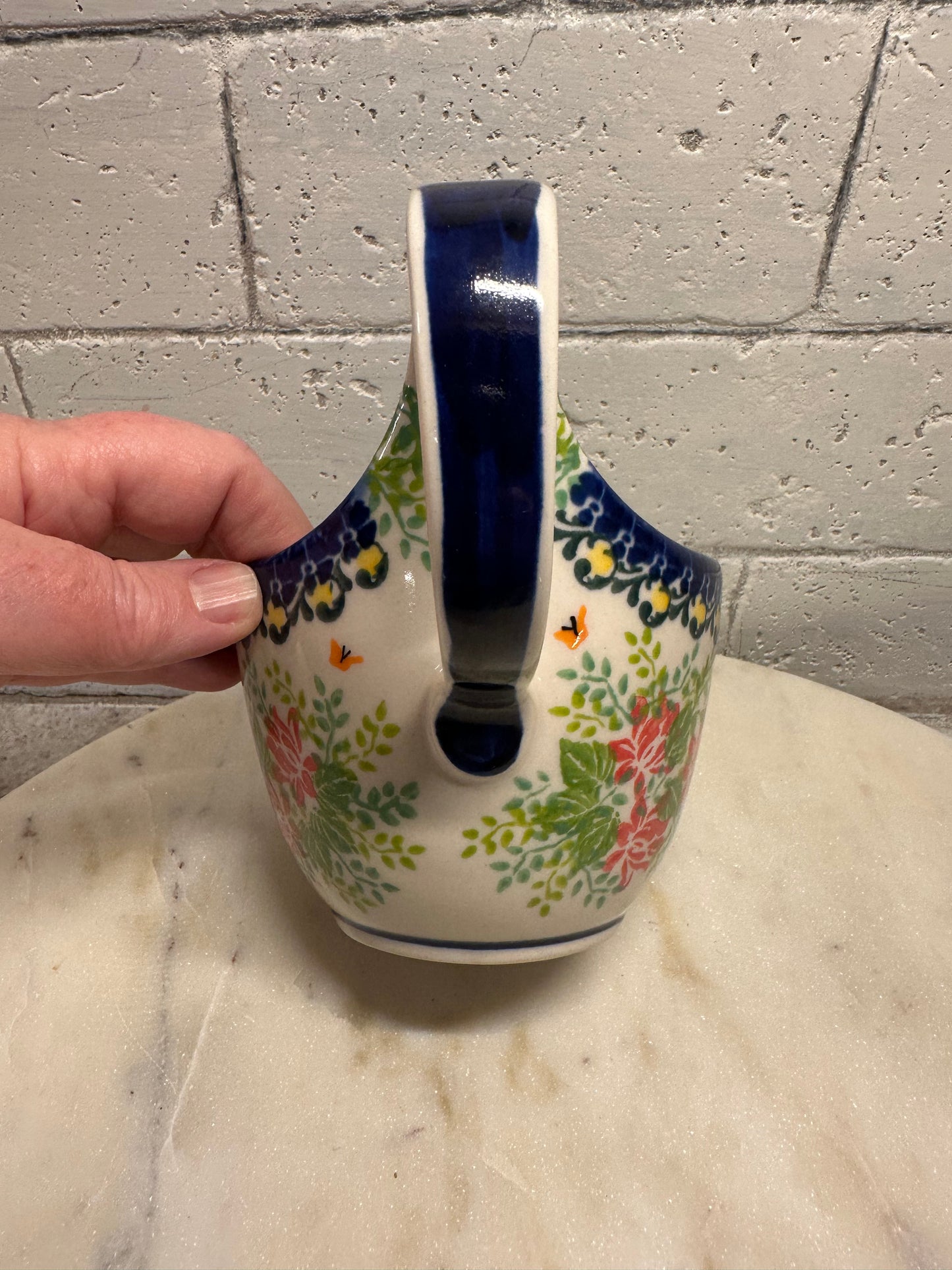 Kalich Polish Pottery, Art Level, Lavendar, Pink Flowers & Orange Butterflies, Loop Mug/Bowl