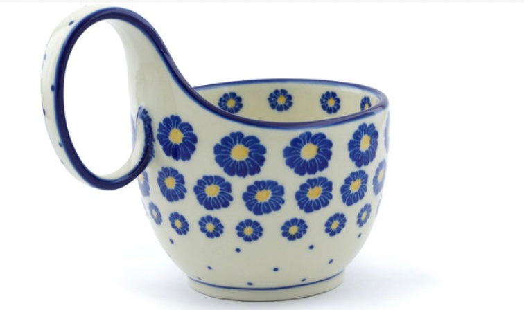 Ceramika Artystyczna Polish Pottery, Blue Zinnia, Loop Mug/Soup Bowl 16 oz