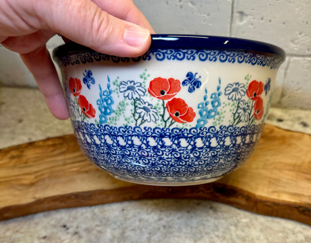 Ceramika Artystyczna, Red Poppies/Butterflies, Medium Mixing Bowl 8"