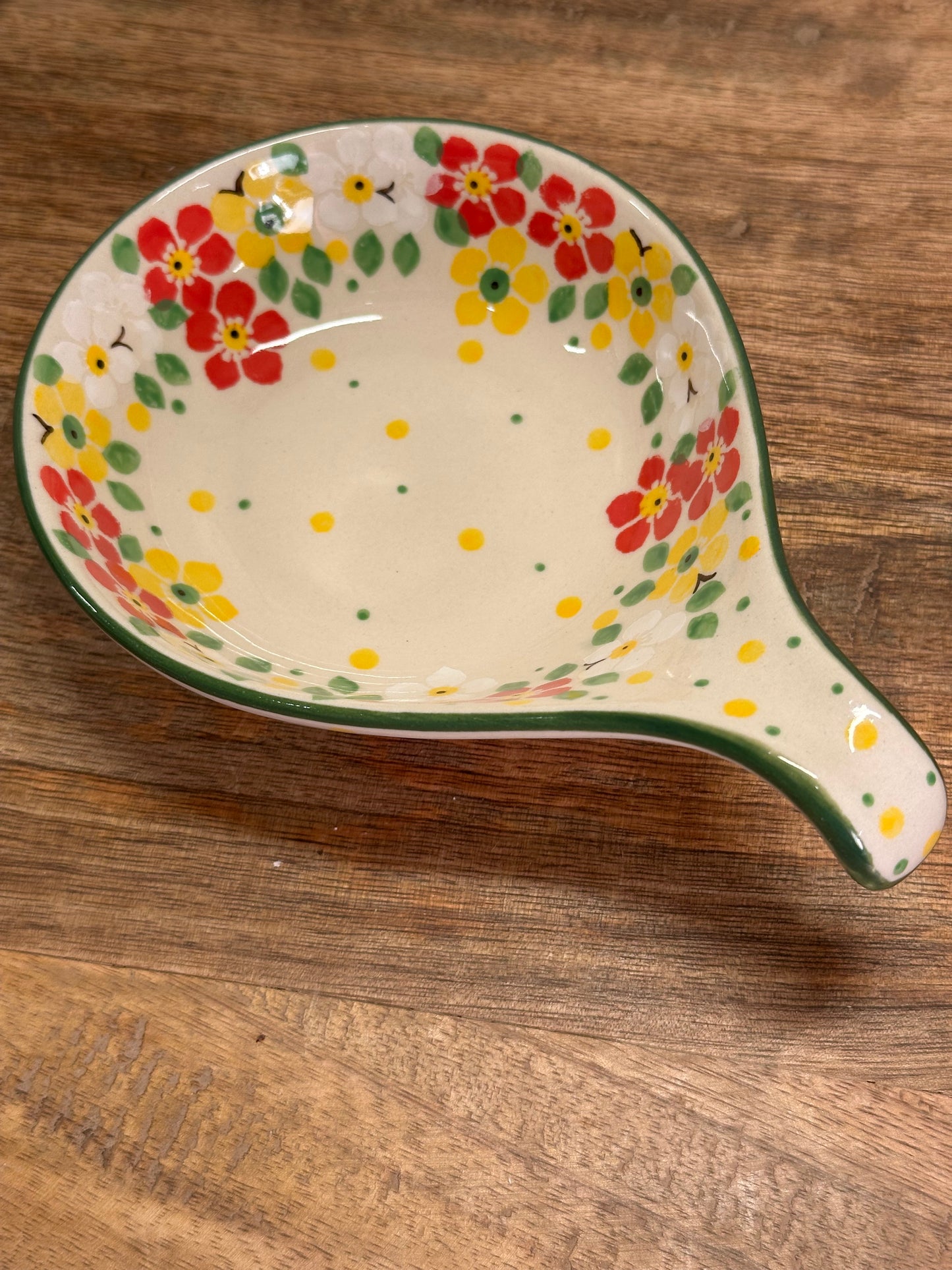 Ceramika Artystyczna Polish Pottery, Red, Yellow, White Floral Condiment Dish/Spoon Rest