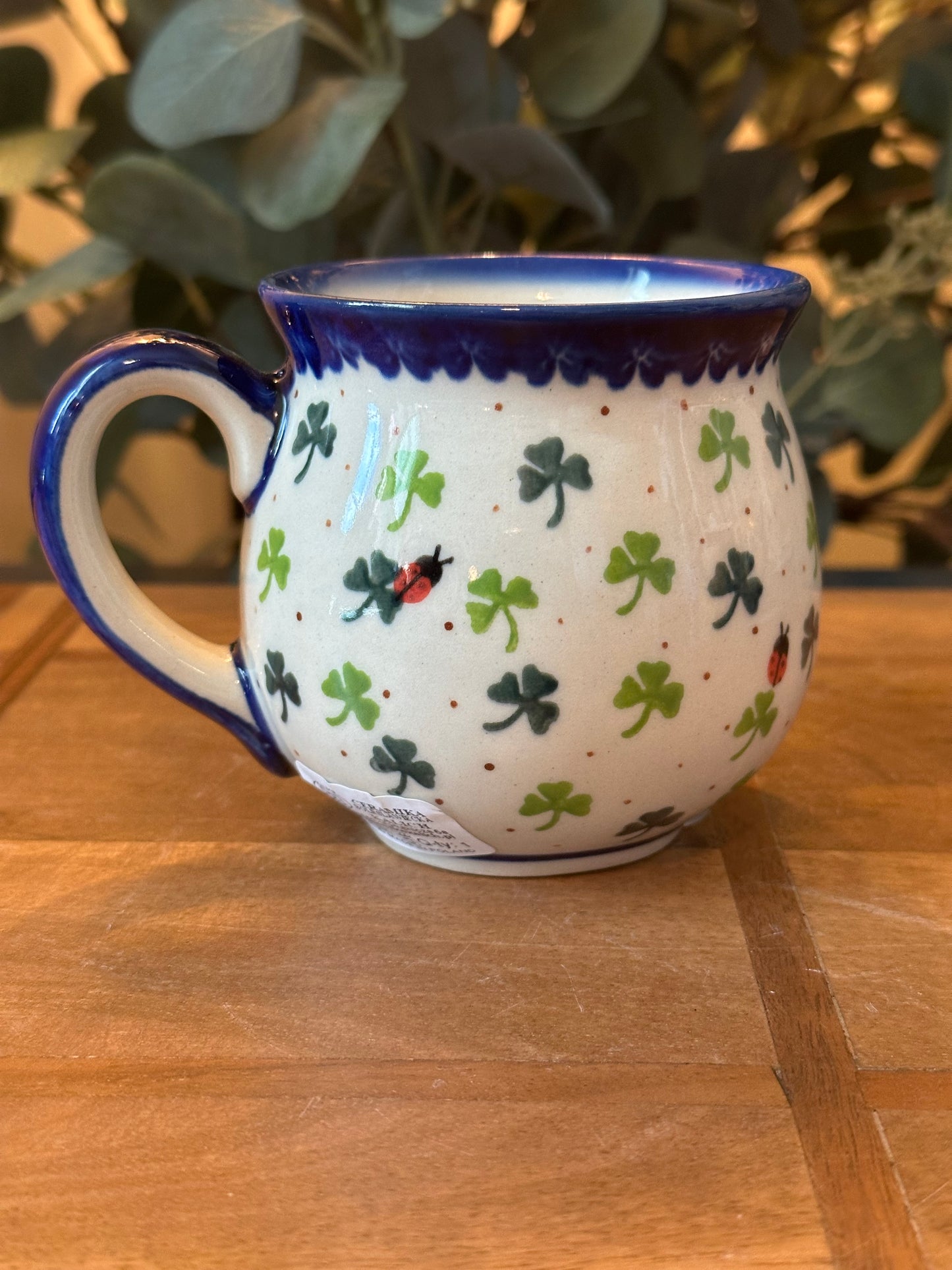 Kalich Polish Pottery, Shamrock With Lady Bugs, Bubble Mug, 12 oz