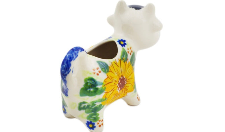 Ceramika Bona Polish Pottery, Unikat Yellow Petal Bliss, Cow Shaped Creamer 2 oz