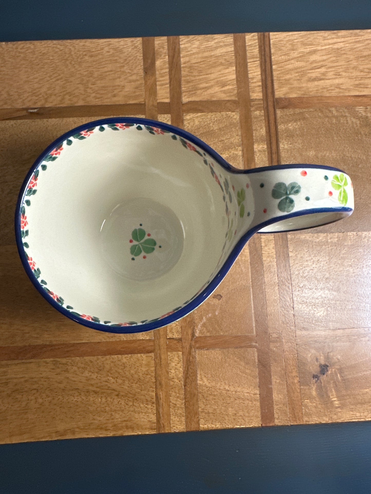 Ceramika Artystyczna Polish Pottery, Red Floral With Shamrocks Loop Mug/Soup Bowl