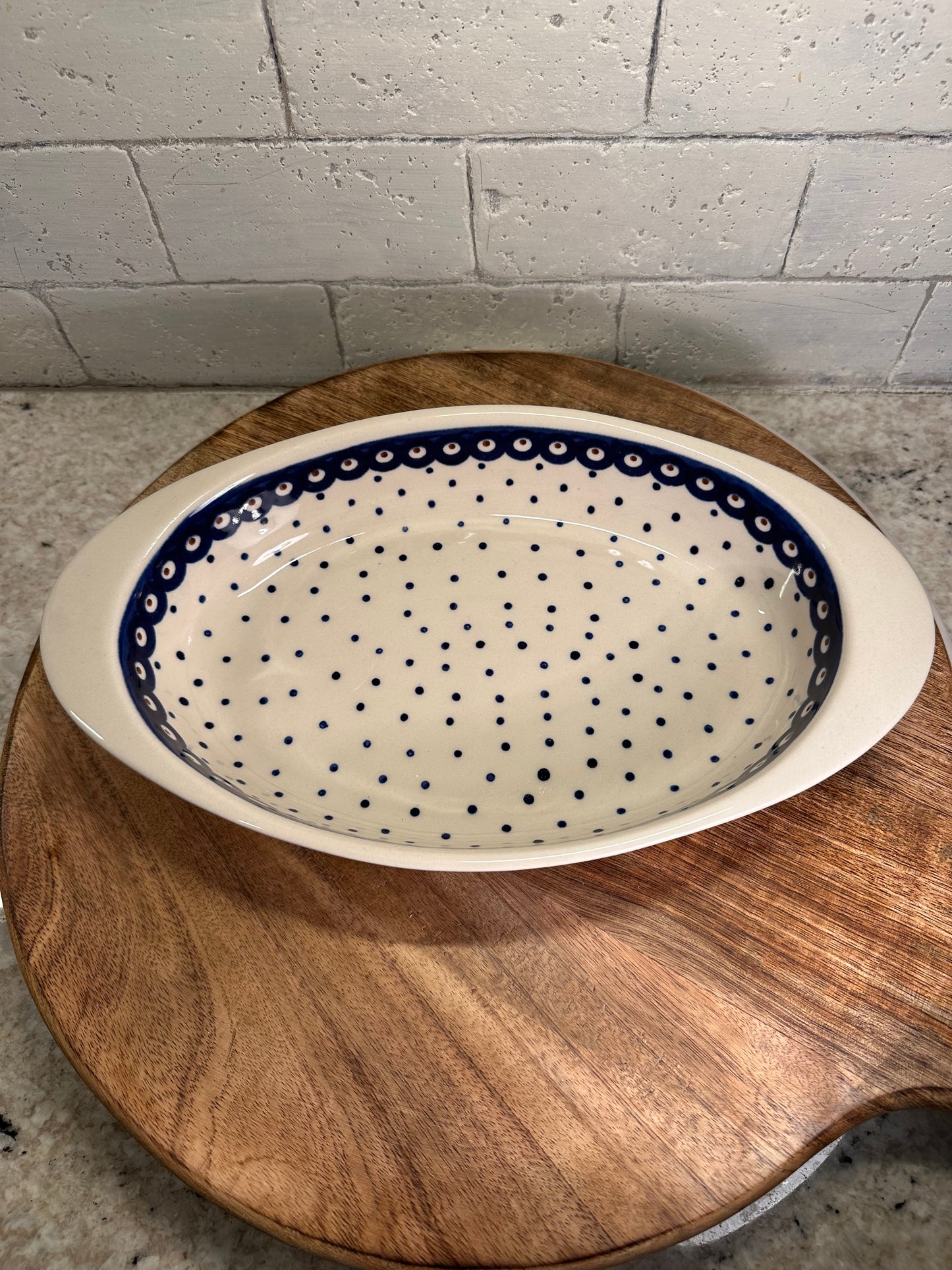 Zaklady Polish Pottery, Traditional Blue Dot, Oval Baker, Preowned