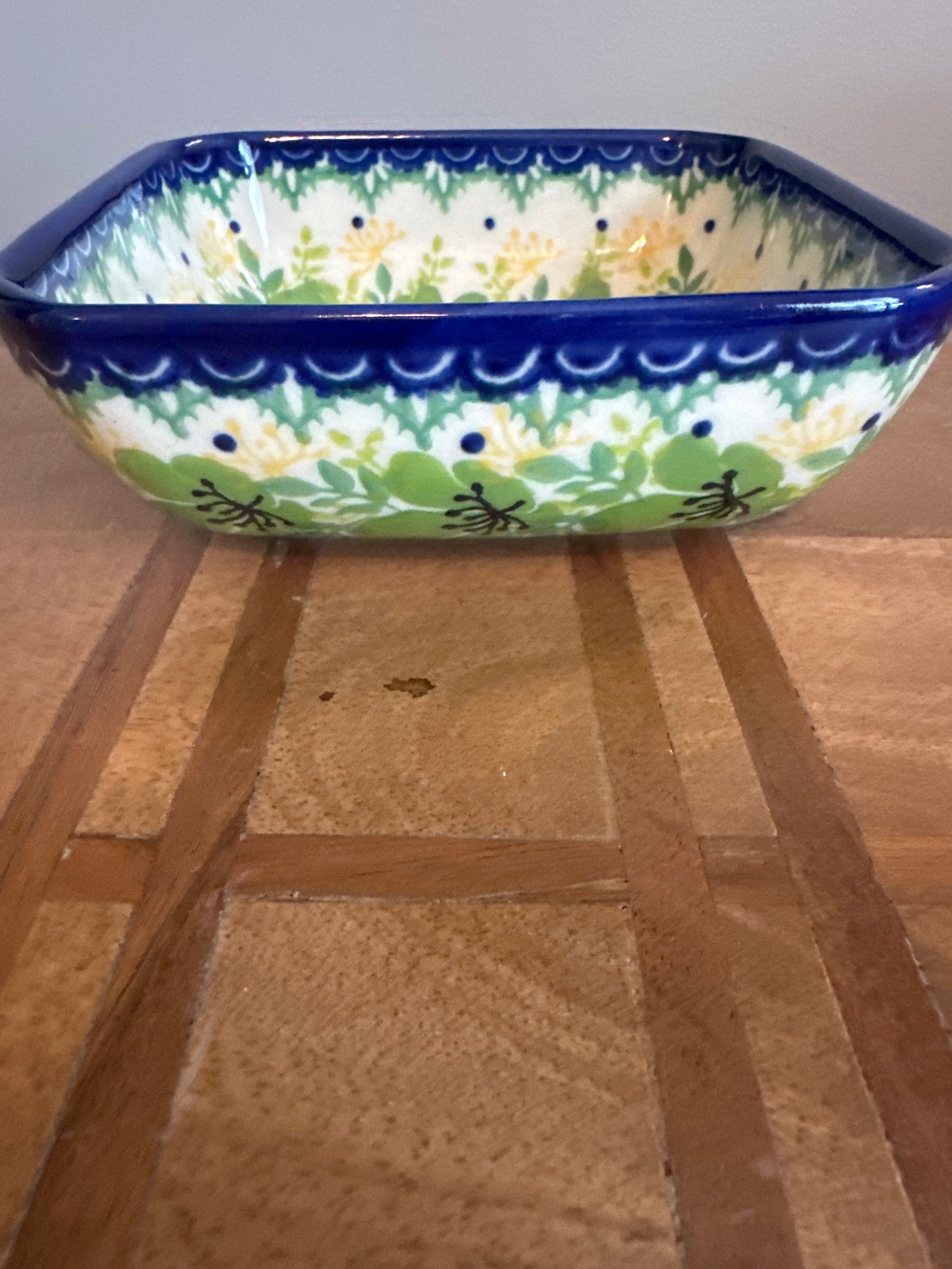 Kalich Polish Pottery Green Floral and Butterfly Square Bowl