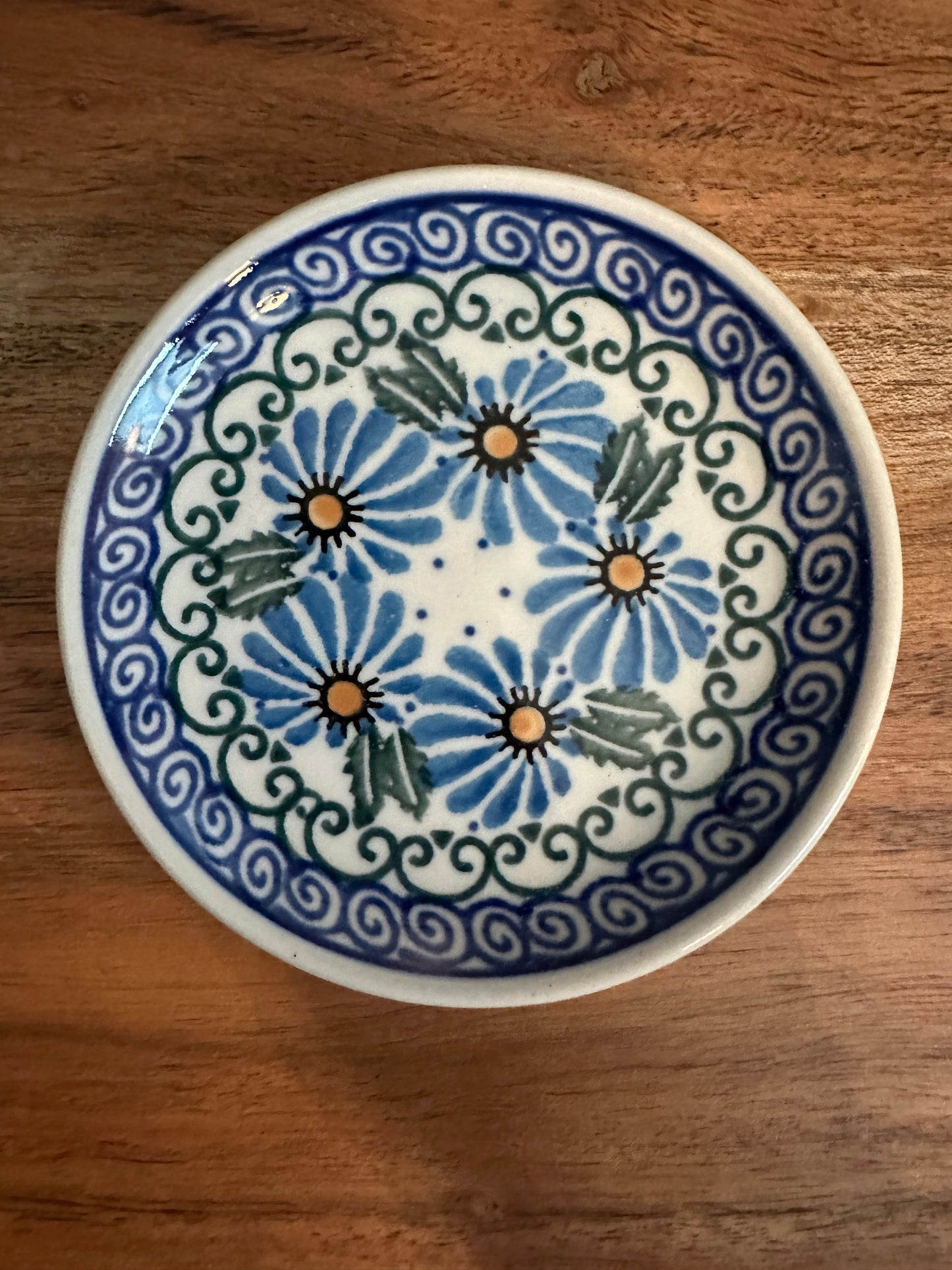 Ceramika Artystyczna Polish Pottery, Blue Marigold Morning, Coaster/Mini Plate