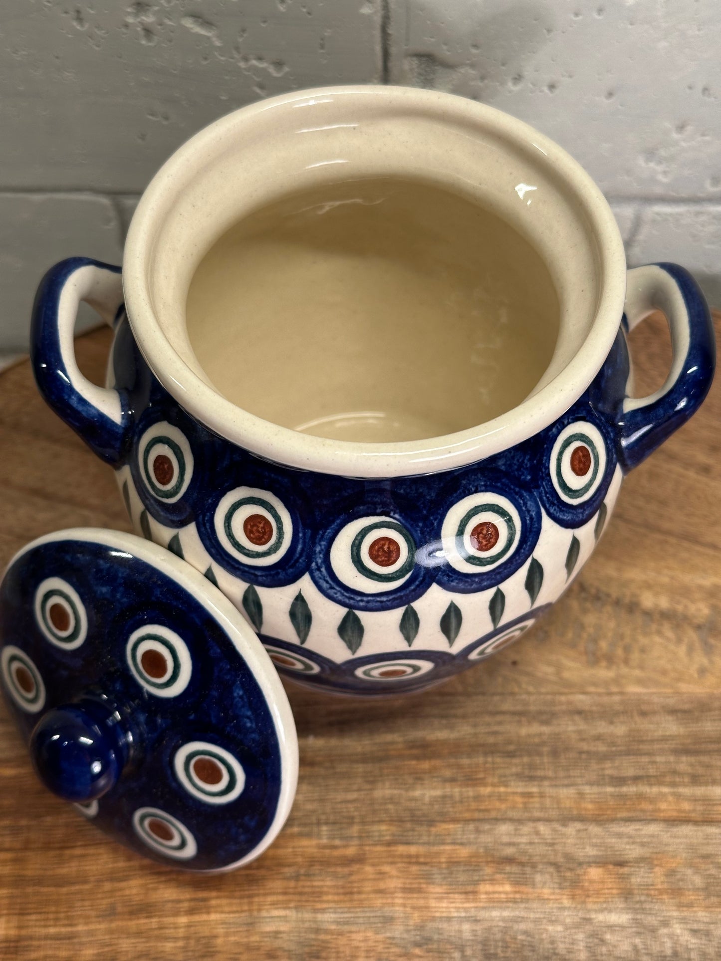 Wiza Polish Pottery, Traditional Peacock Leaves, Covered, Handled Container, Preowned