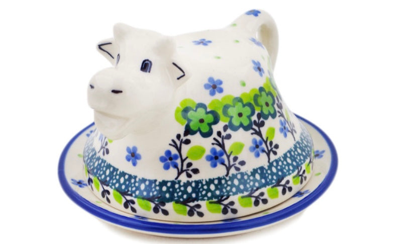 Ceramika Artystyczna Polish Pottery, Unikat Green Chrysanthemums, Cow Butter Dish