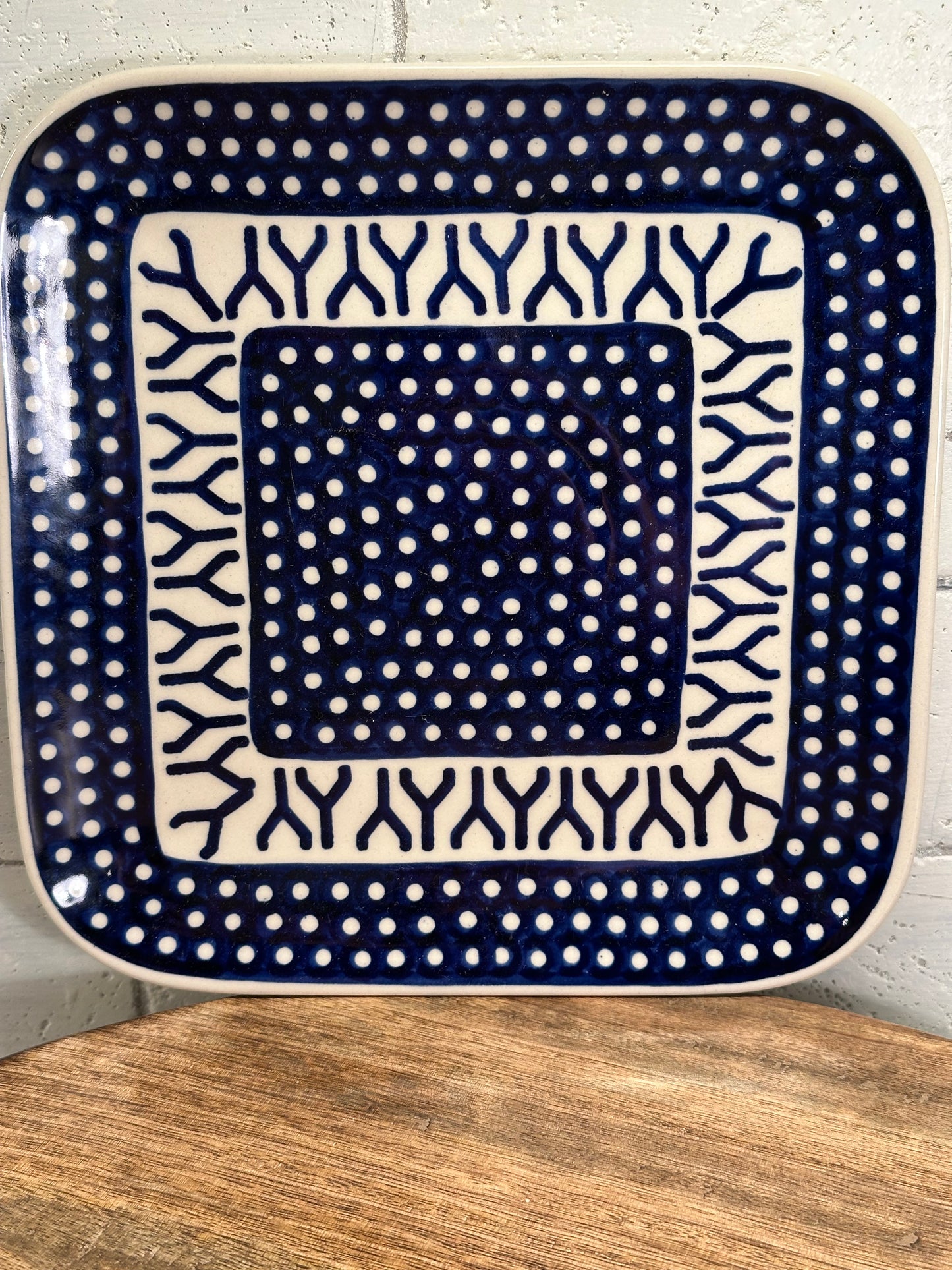 Manufaktura Polish Pottery,Unikat, Artist Gazur, Square Blue with White Polka Dots, Dinner Plate