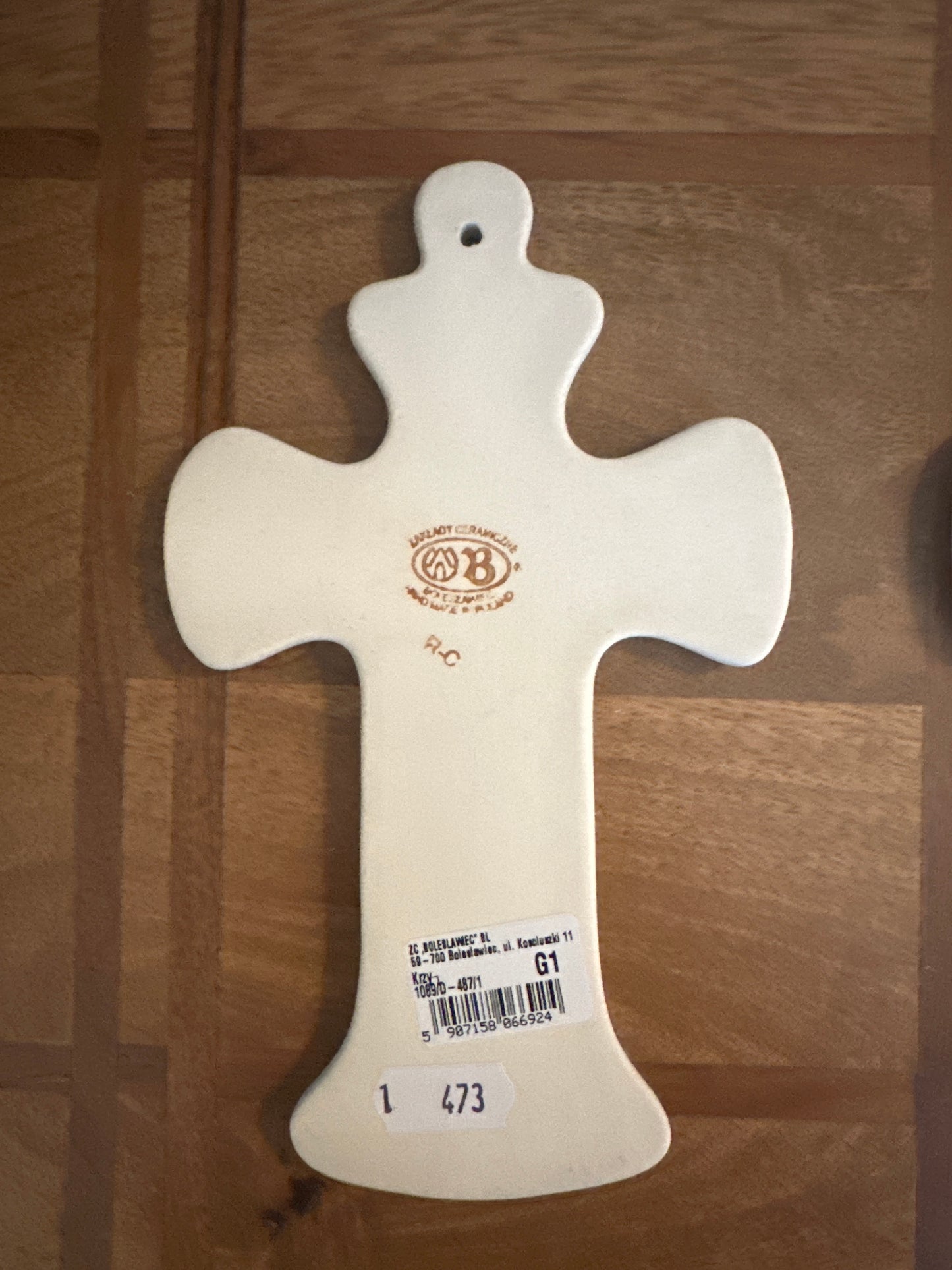 Zaklady Polish Pottery, 8" x 4.5" Hanging Cross. Pattern: Forget Me Not