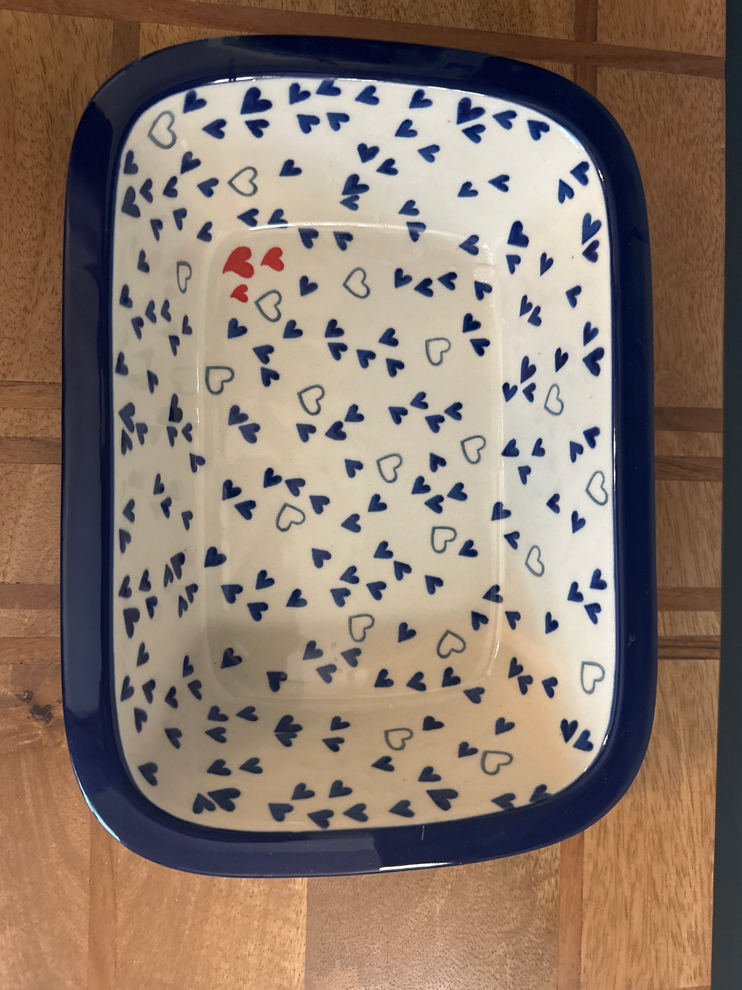 Ceramika Artystyczna Polish Pottery Blue with Red Heart Medium Rectangular Baker