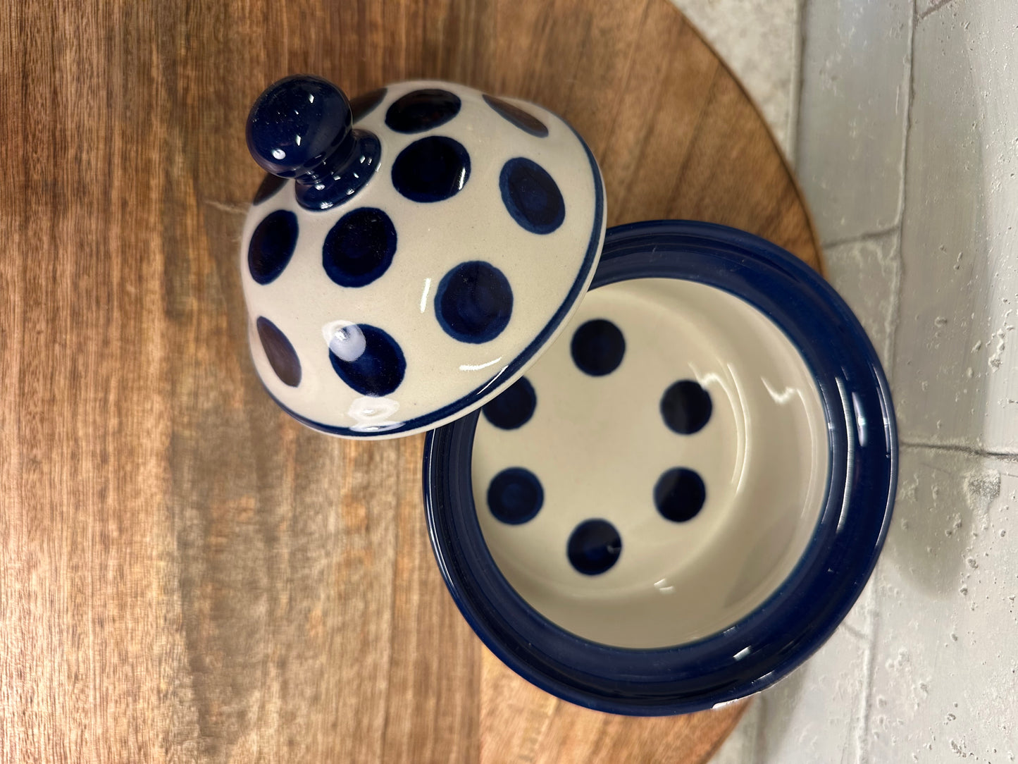 Ceramika Artystyczna Polish Pottery, Traditional Blue Dot Jar with Lid