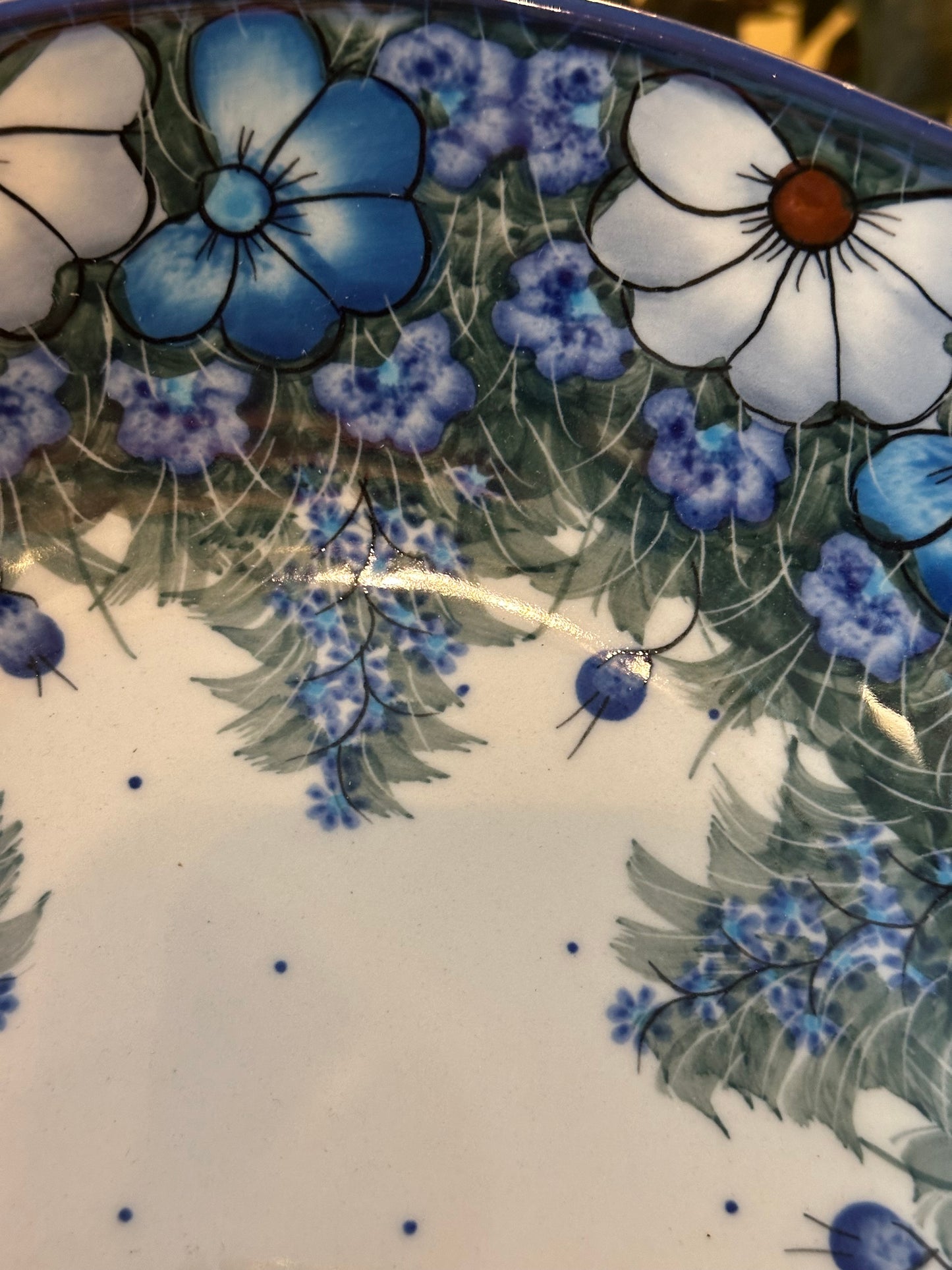 Kalich Polish Pottery, Unikat Art Level 2, Blue Floral Round Baker/Bowl
