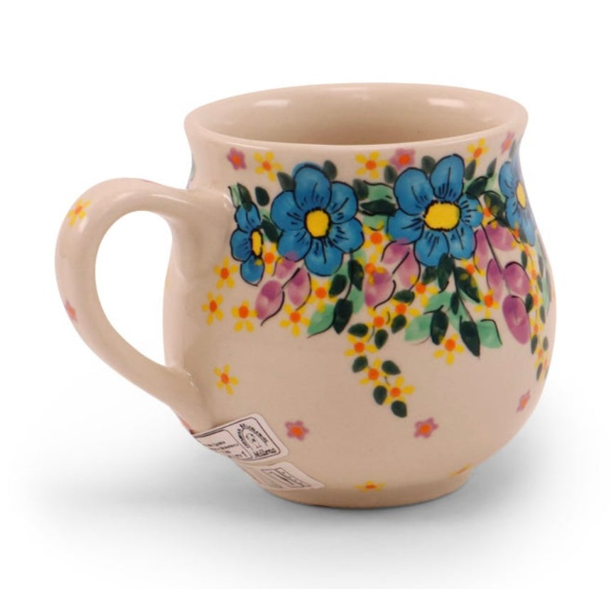 Millena Polish Pottery, Teal & Lavendar Floral Belly Mug
