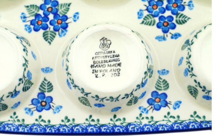 Ceramika Artystyczna Polish Pottery, Blue Blossom, Muffin Pan