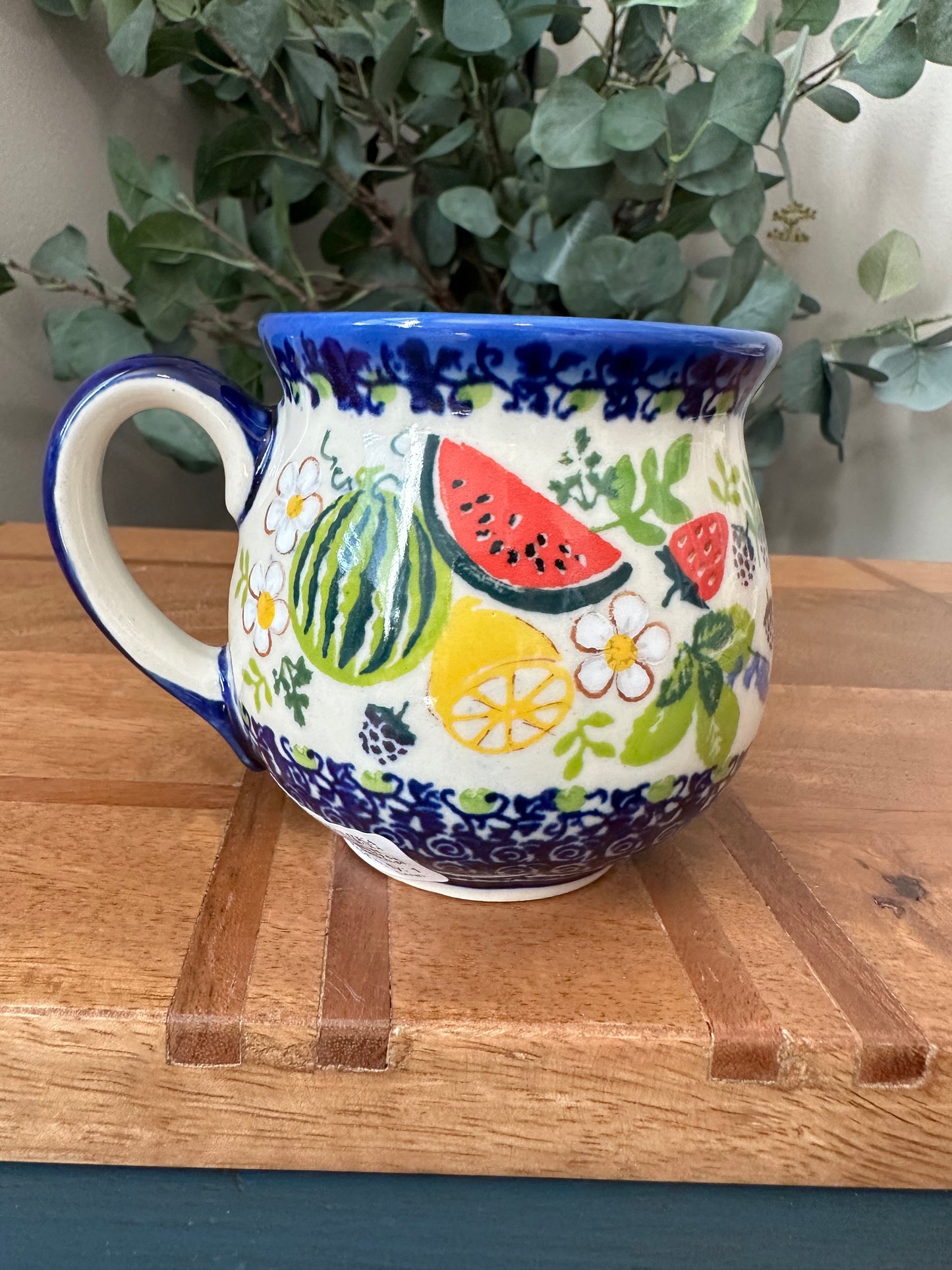 Kalich Polish Pottery, Unikat, Art Level 1, Festive Flowers & Fruits, 12 oz Bubble Mug