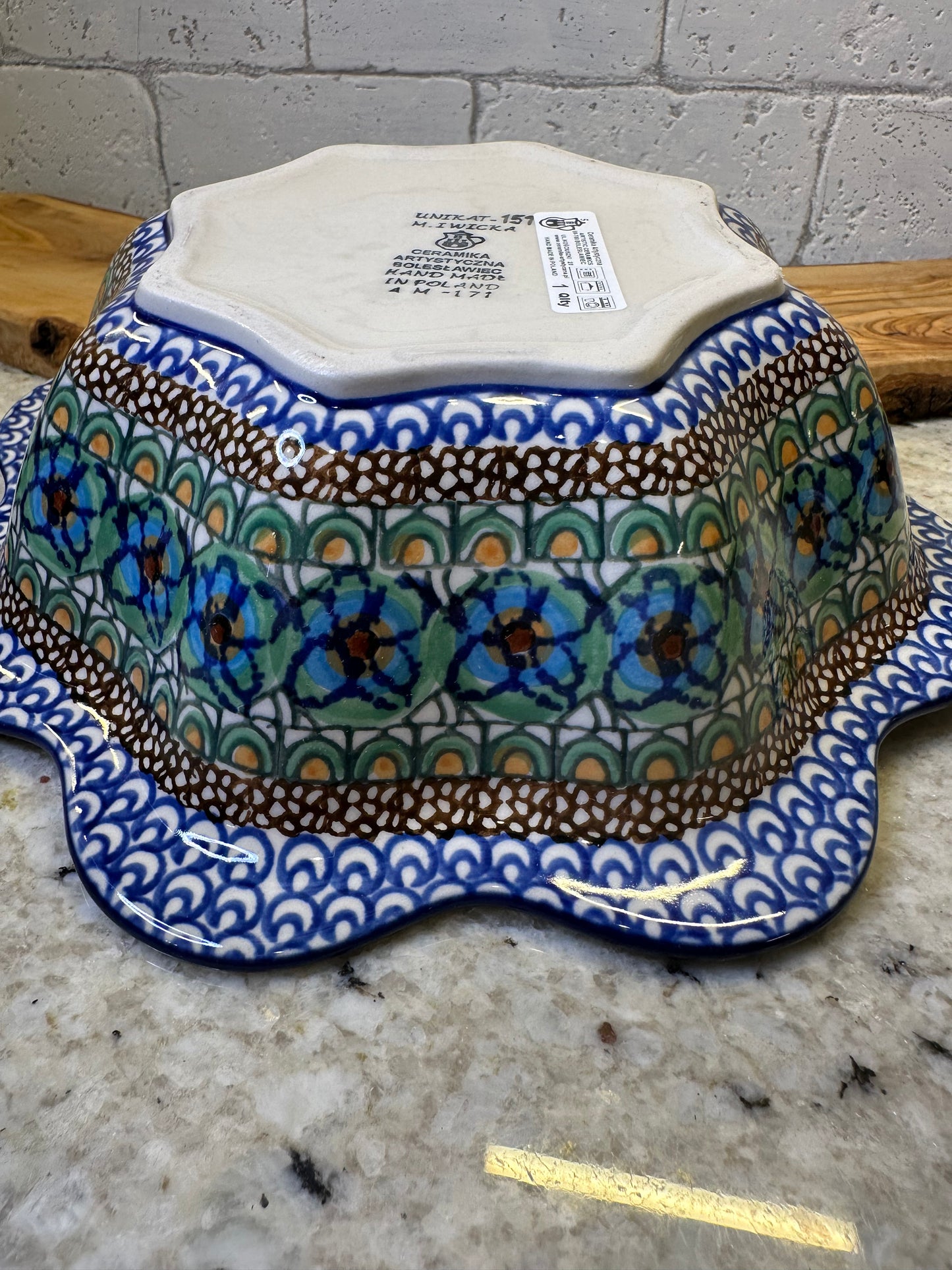 Ceramika Artystyczna Polish Pottery, Unikat Mardi Gras, Scalloped Bowl, 10"