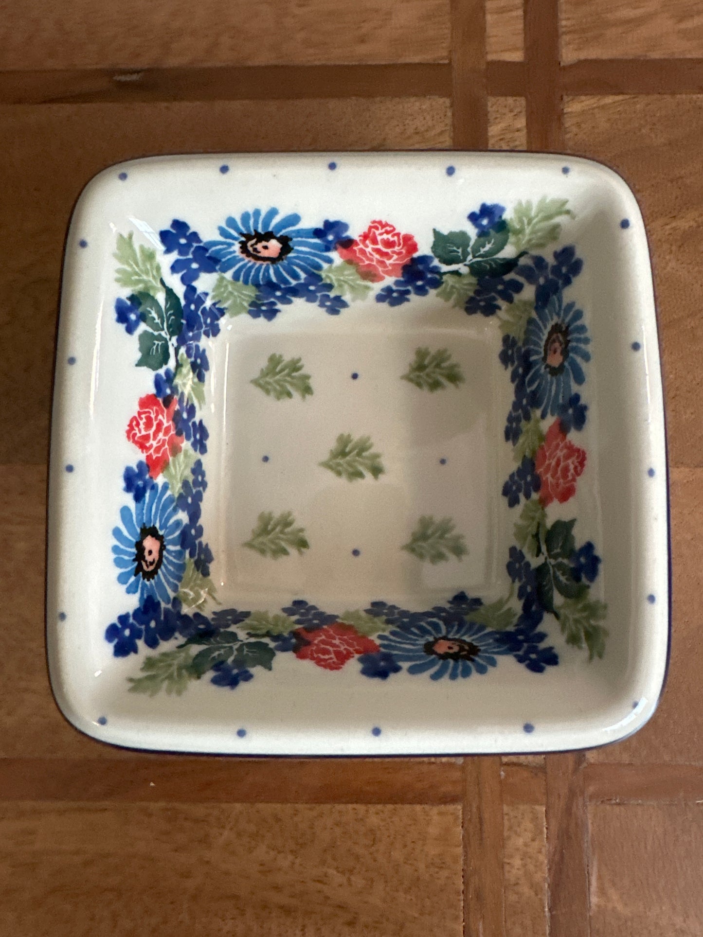 Ceramika Artystyczna Polish Pottery, Red Flower Garden 4" Square Bowl
