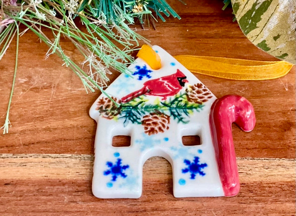 Vena, Cardinal and Pinecone Flat House Candy Cane Ornament